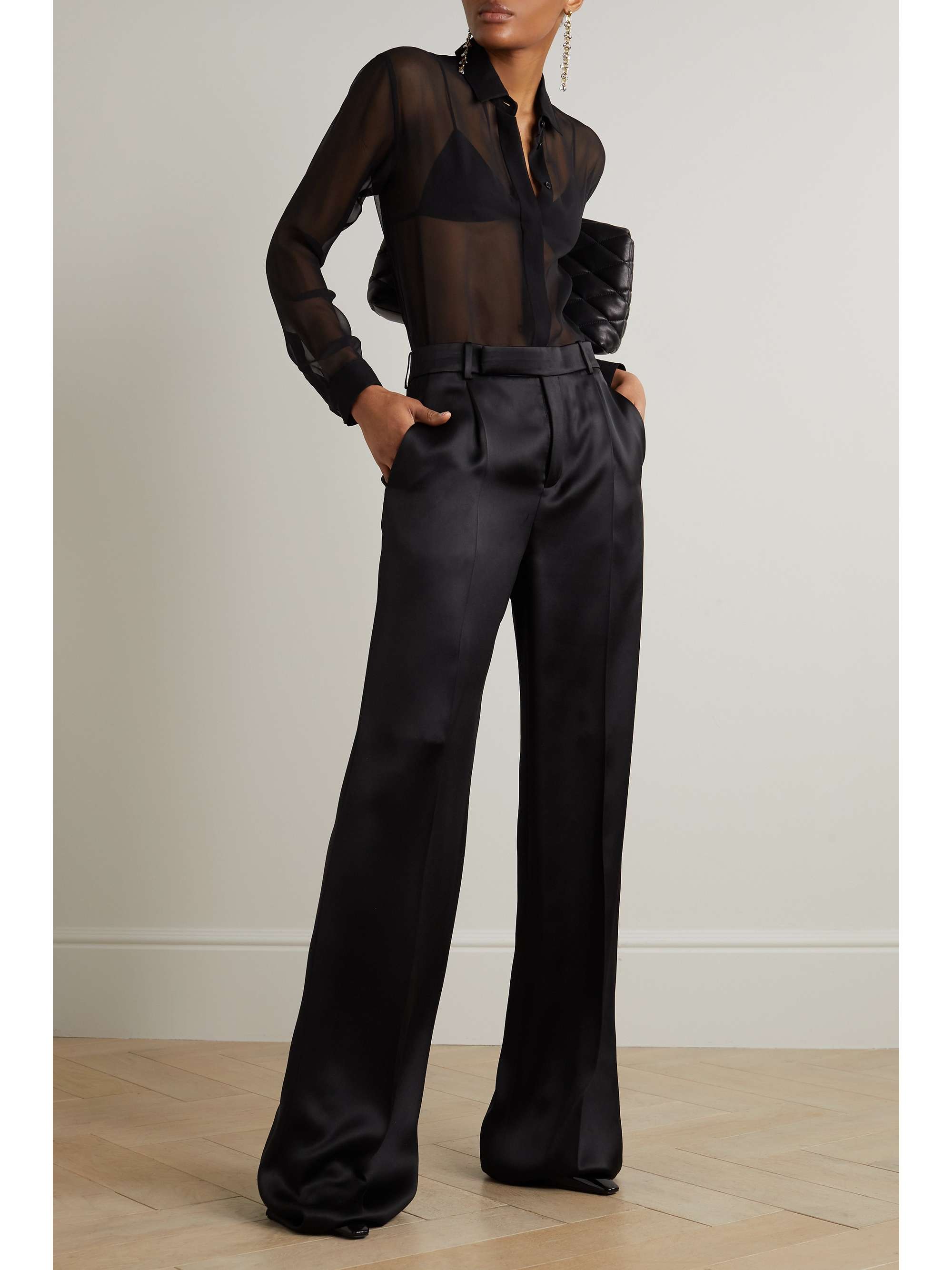 Pleated silk-satin straight-leg pants