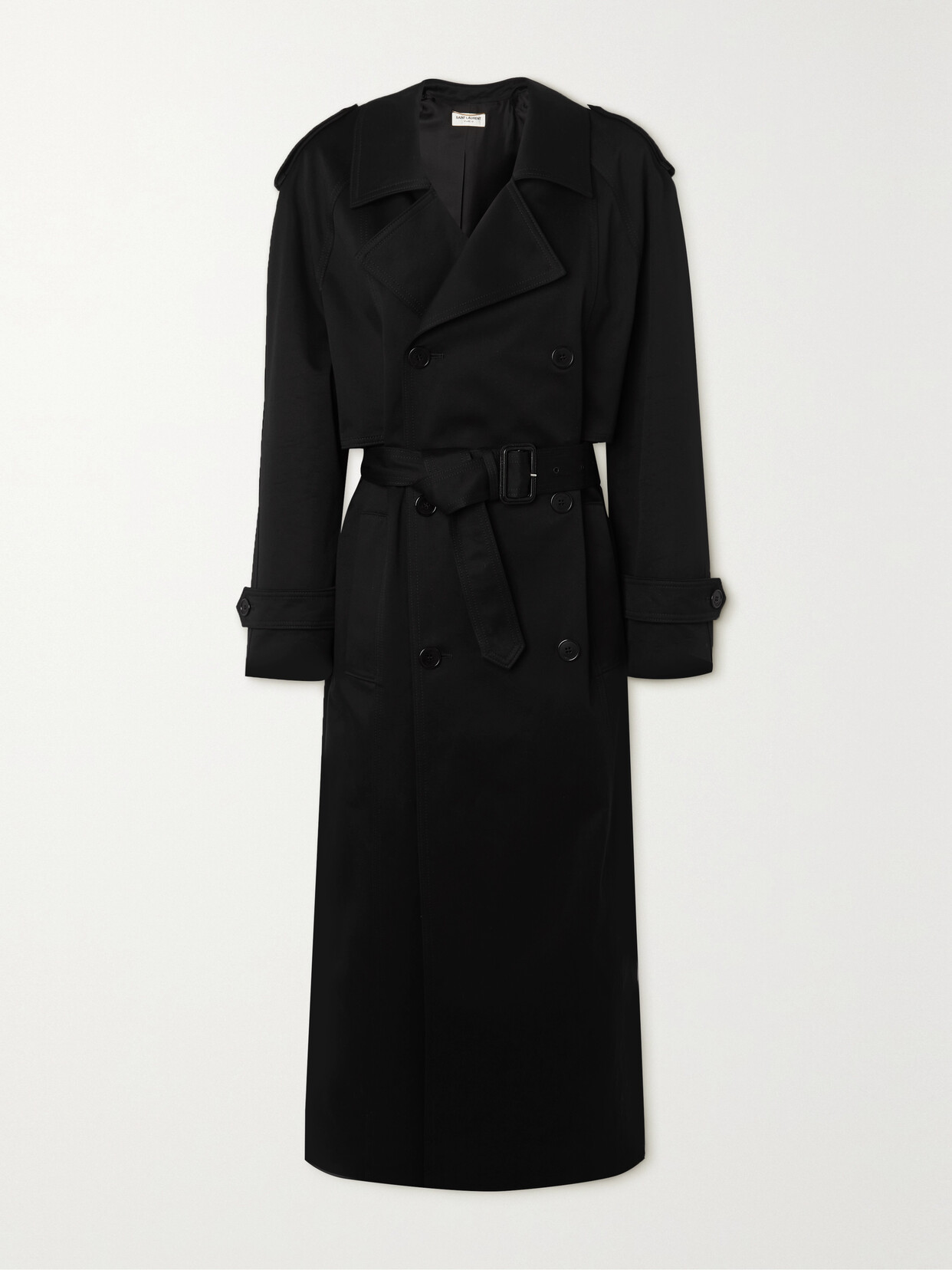 Shop Saint Laurent Double-breasted Belted Cotton-twill Trench Coat In Black