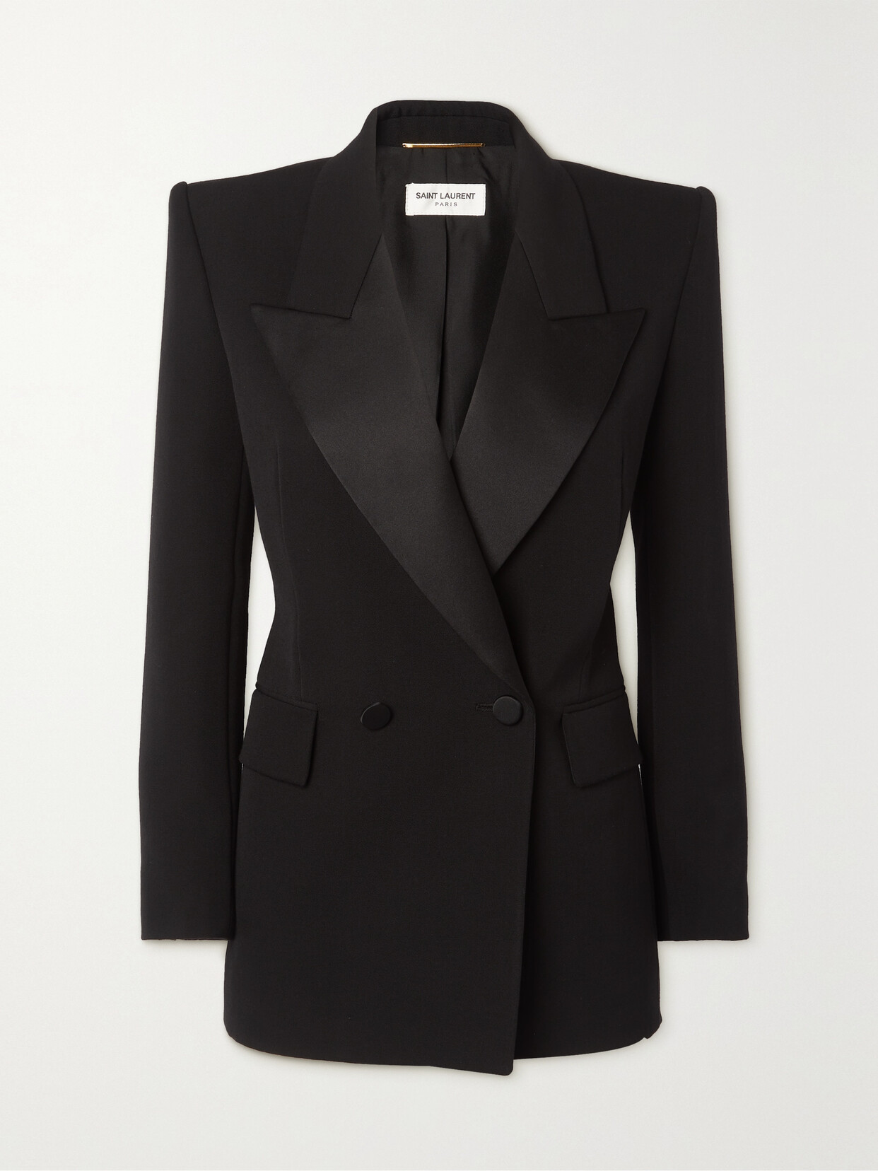 Shop Saint Laurent Double-breasted Satin-trimmed Grain De Poudre Wool Blazer In Black