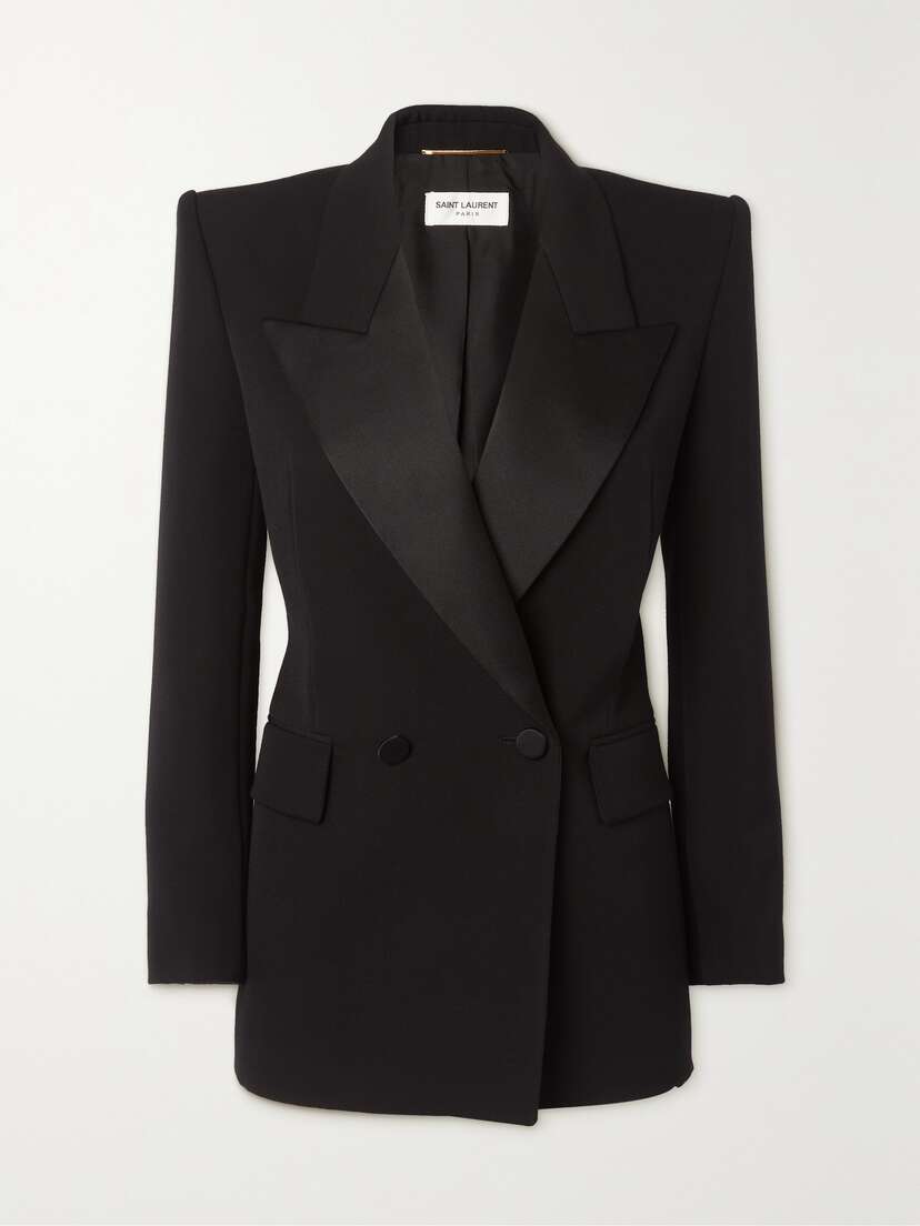 Saint Laurent Double-breasted Satin-trimmed Grain De Poudre Wool Blazer