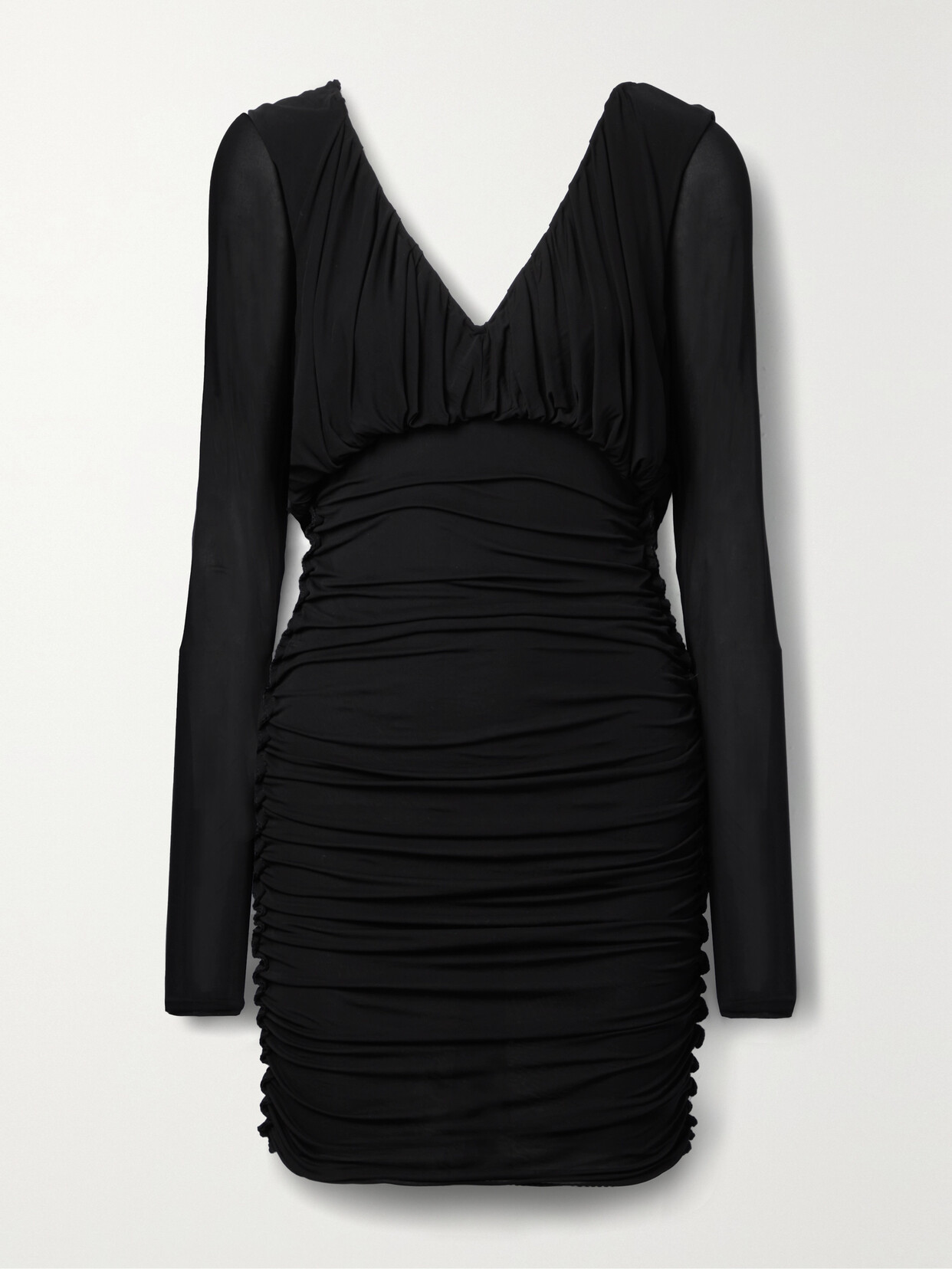 Shop Saint Laurent Ruched Stretch-jersey Mini Dress In Black