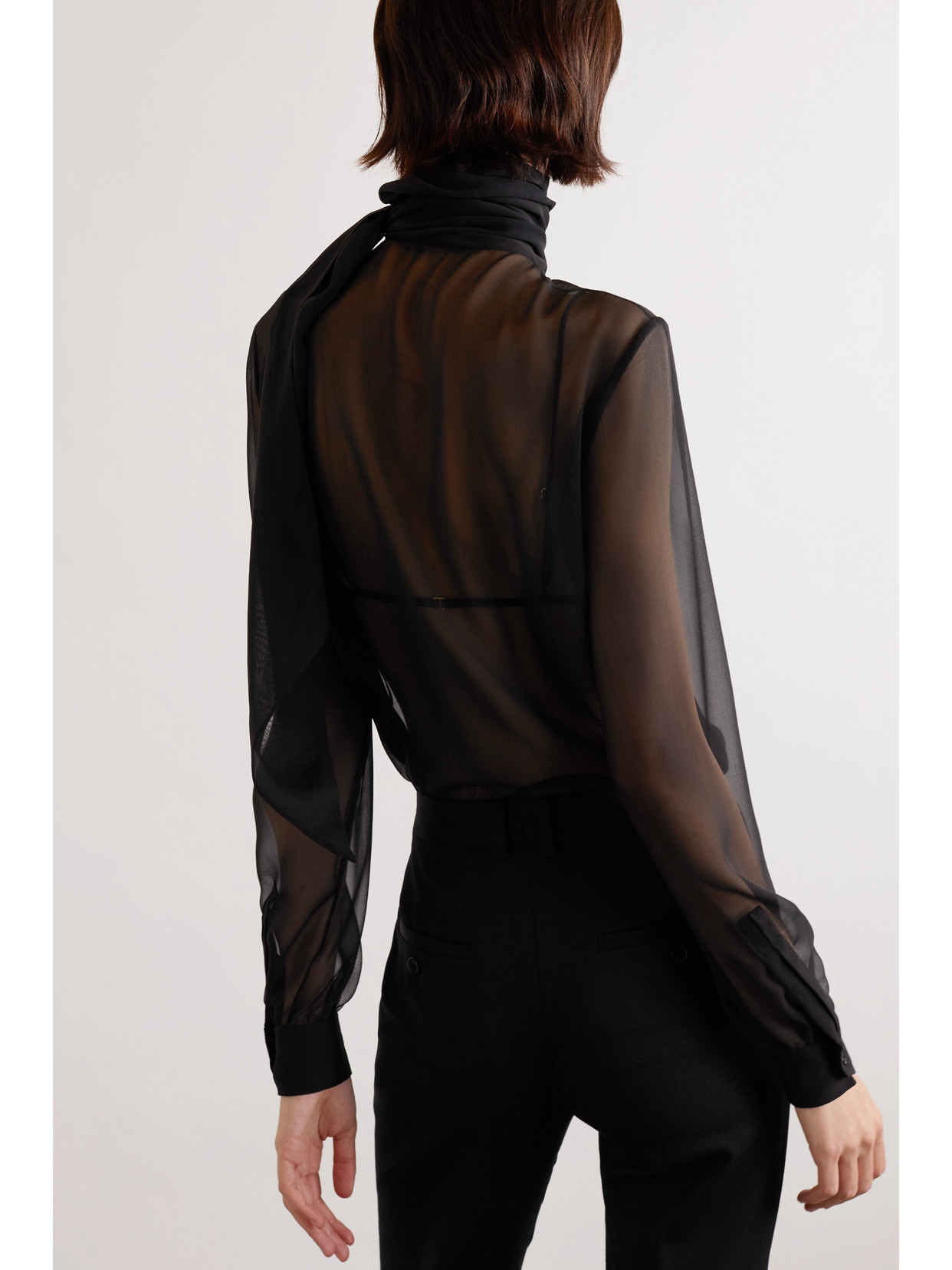 Saint Laurent Bow-detailed Sheer Silk Blouse In Black