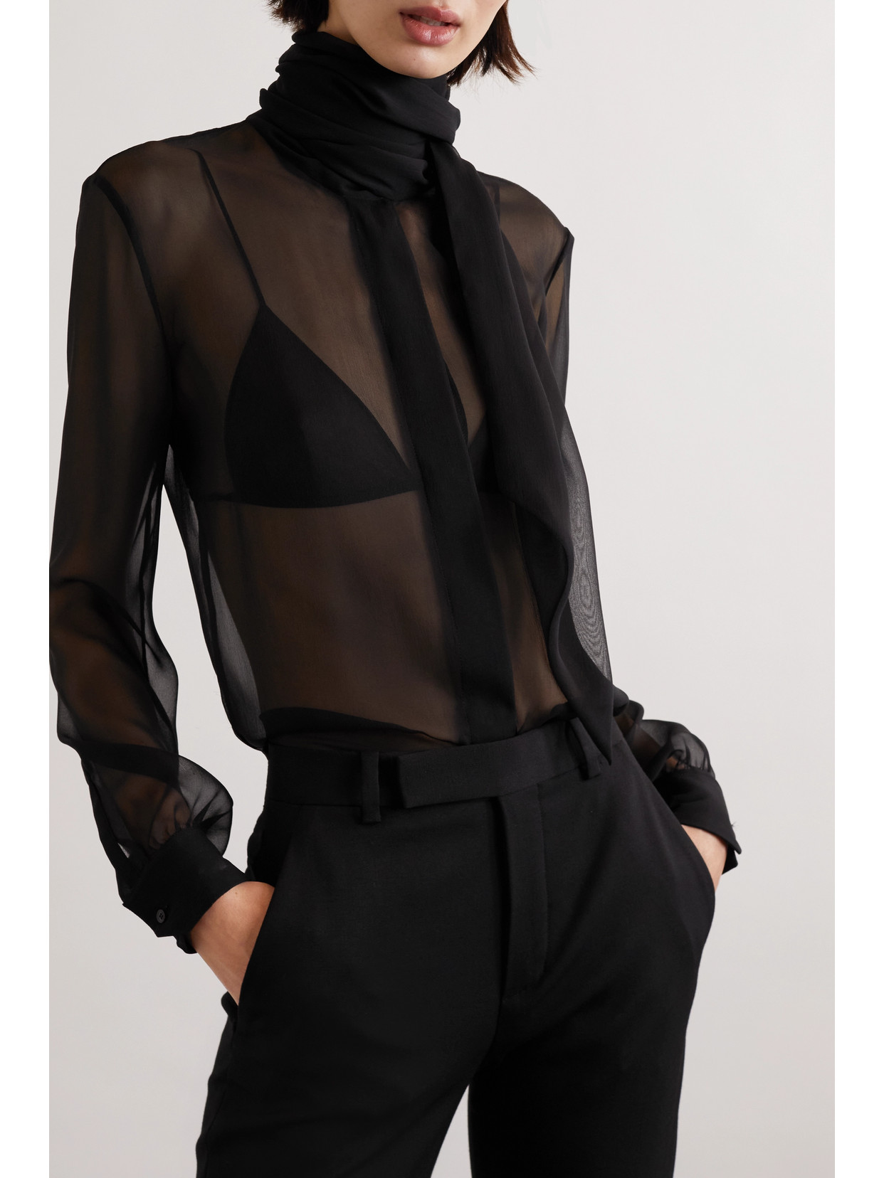 Saint Laurent Bow-detailed Sheer Silk Blouse In Black