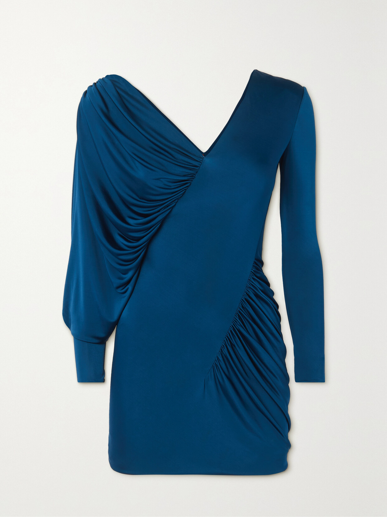 Shop Saint Laurent Draped Ruched Jersey Mini Dress In Blue