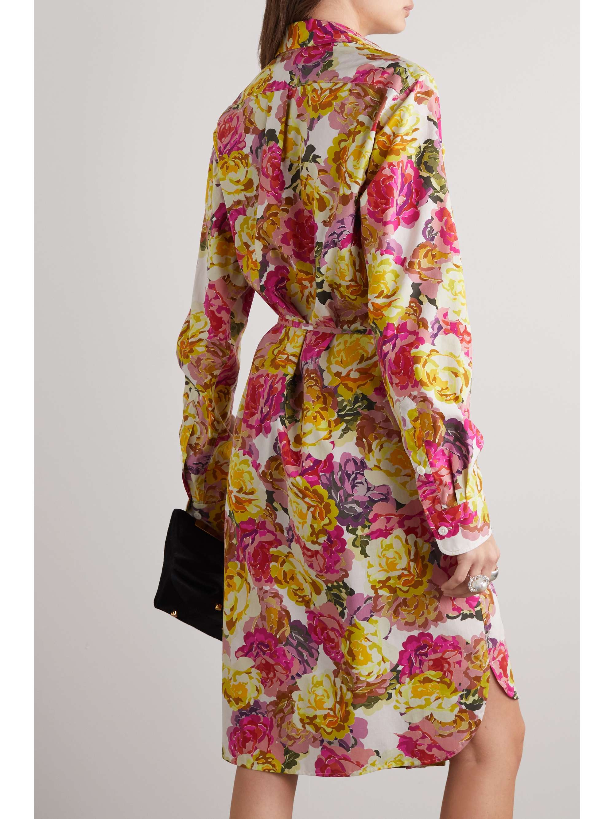 DRIES VAN NOTEN 褶裥配腰带花卉印花纯棉府绸裹身连衣裙