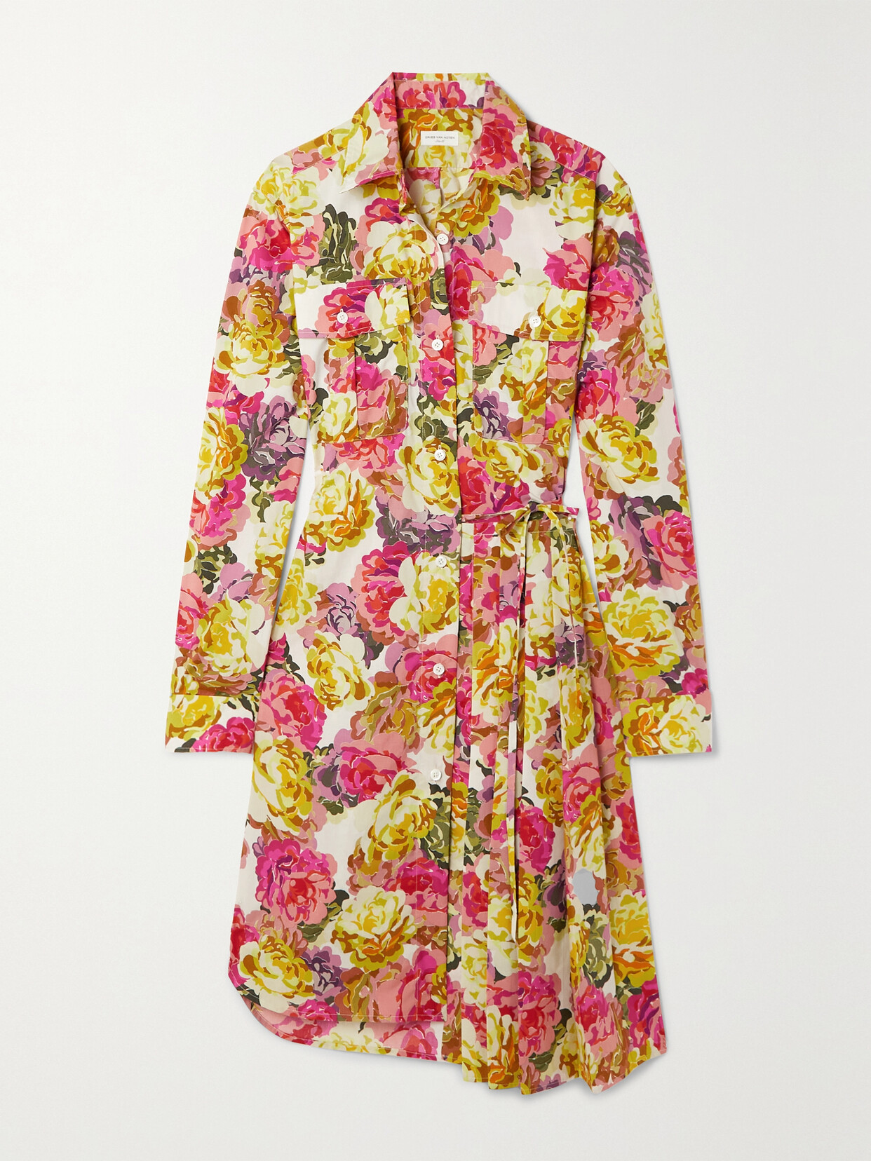 Dries Van Noten - Pleated Belted Floral-print Cotton-poplin Wrap Dress - Ecru