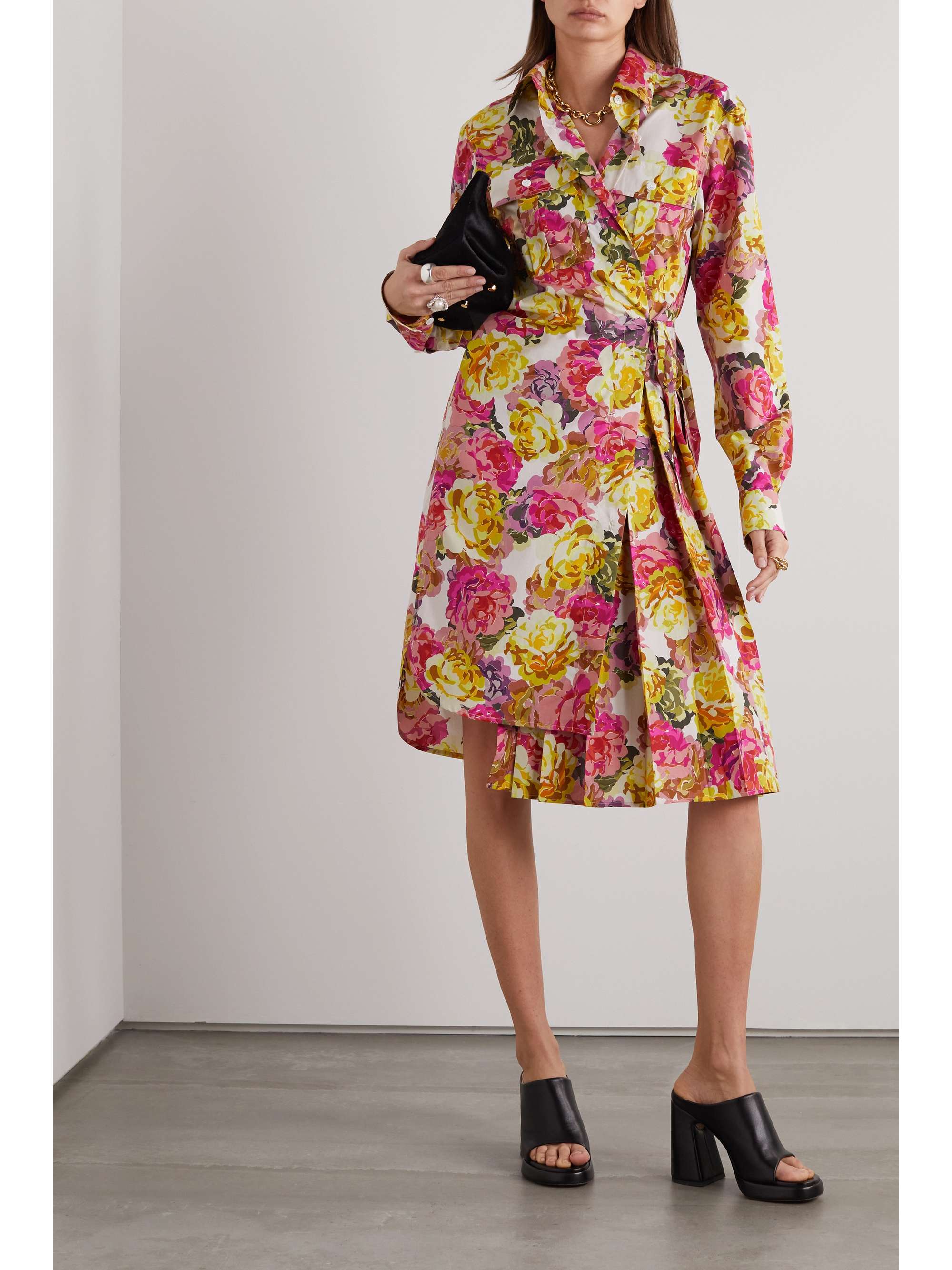 DRIES VAN NOTEN 褶裥配腰带花卉印花纯棉府绸裹身连衣裙