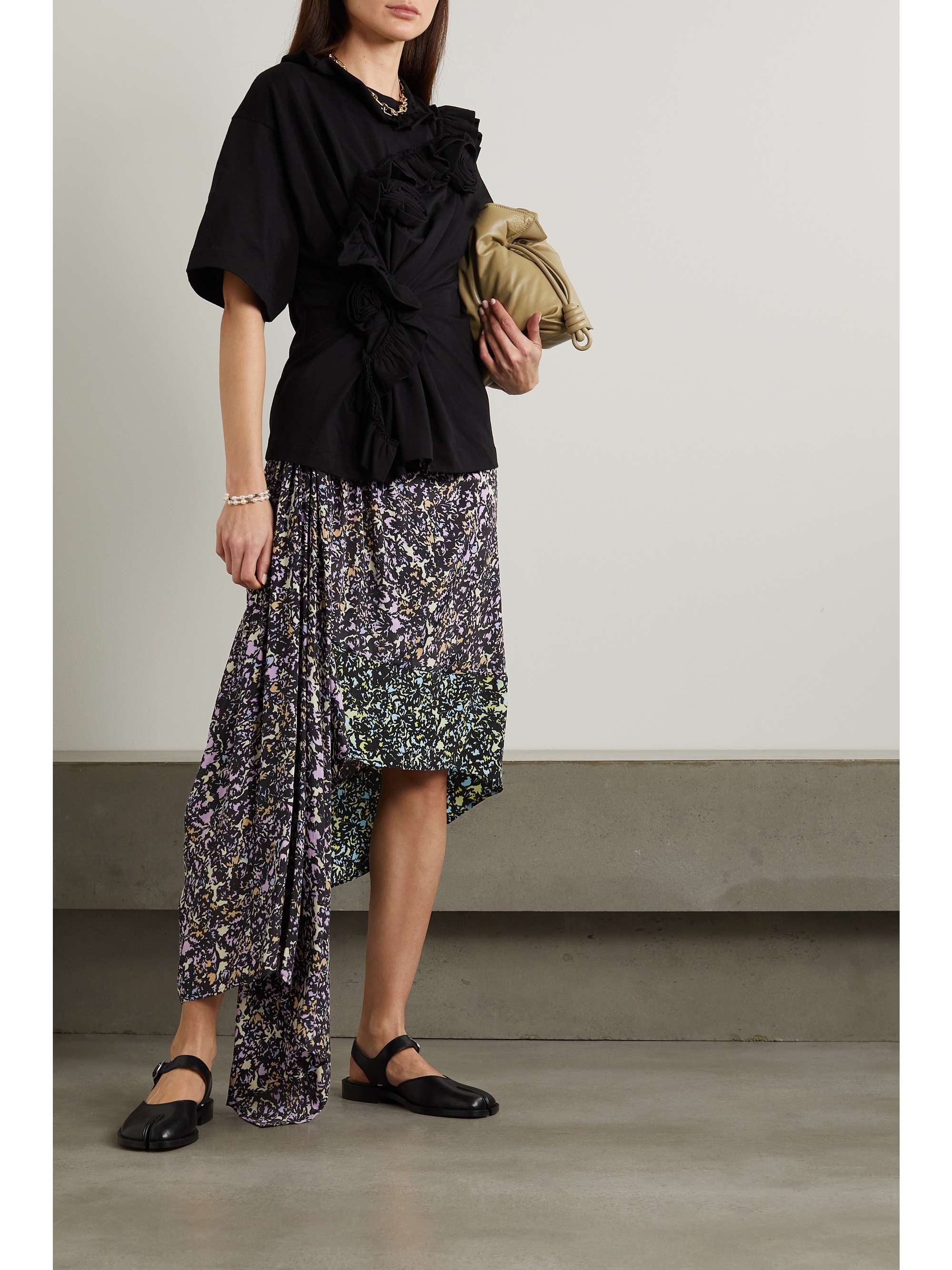 DRIES VAN NOTEN 不对称垂坠印花双绉半身裙