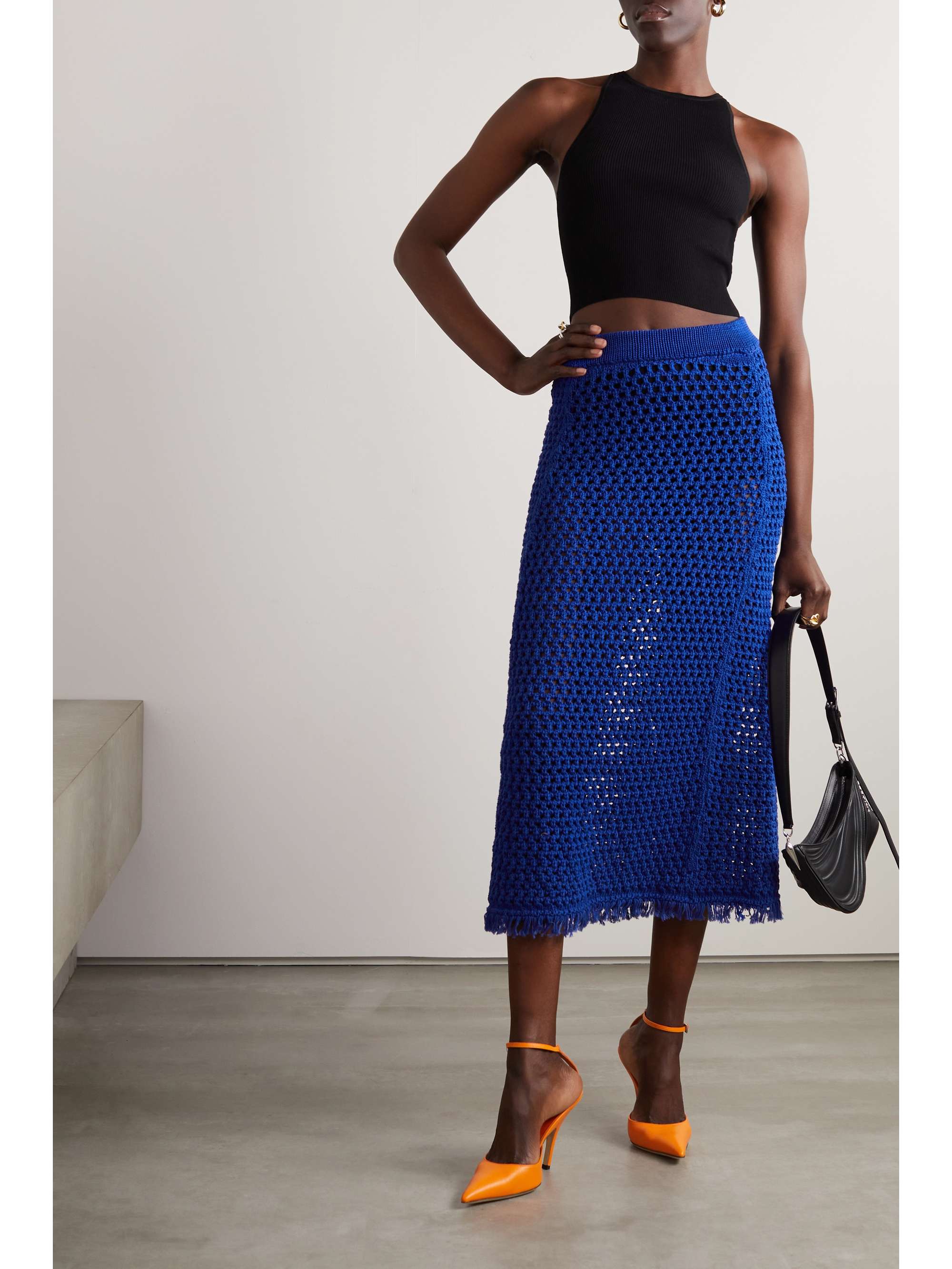 DRIES VAN NOTEN Fringed crocheted cotton midi skirt
