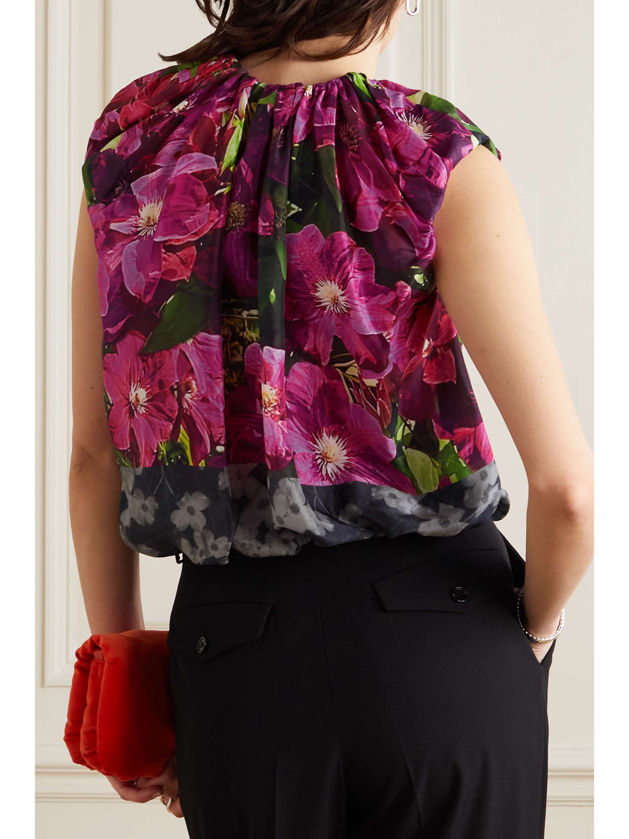 DRIES VAN NOTEN Ruffled paneled floral-print silk-satin and cotton top