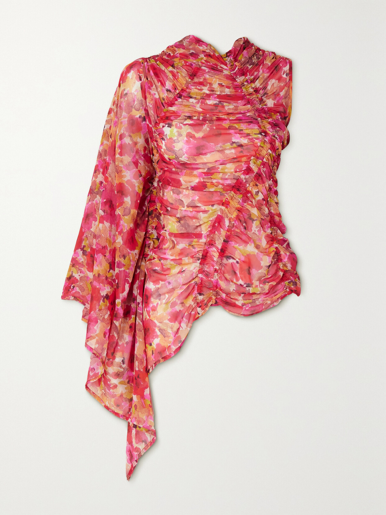 Dries Van Noten One-sleeve Ruched Floral-print Silk-chiffon Top In Pink