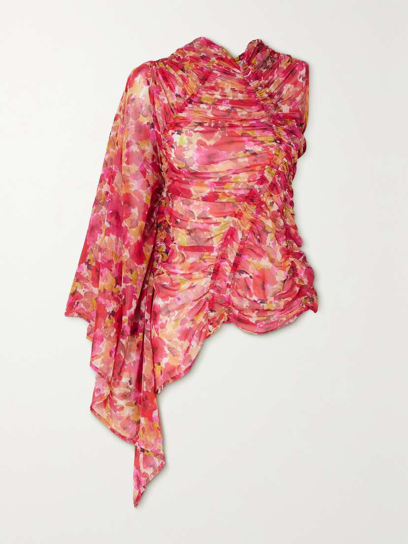 Dries Van Noten One-sleeve Ruched Floral-print Silk-chiffon Top