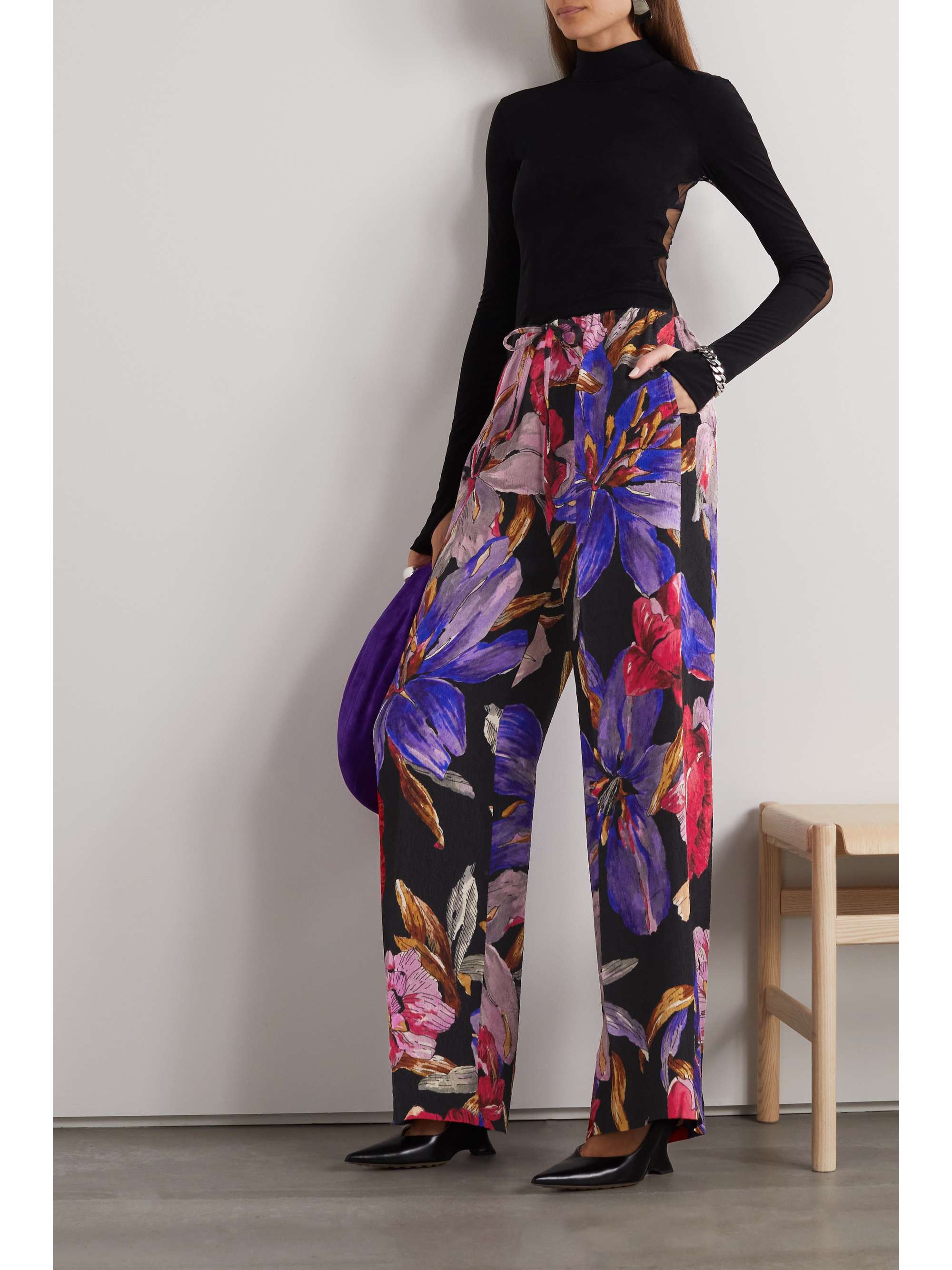 DRIES VAN NOTEN Pleated printed satin straight-leg pants