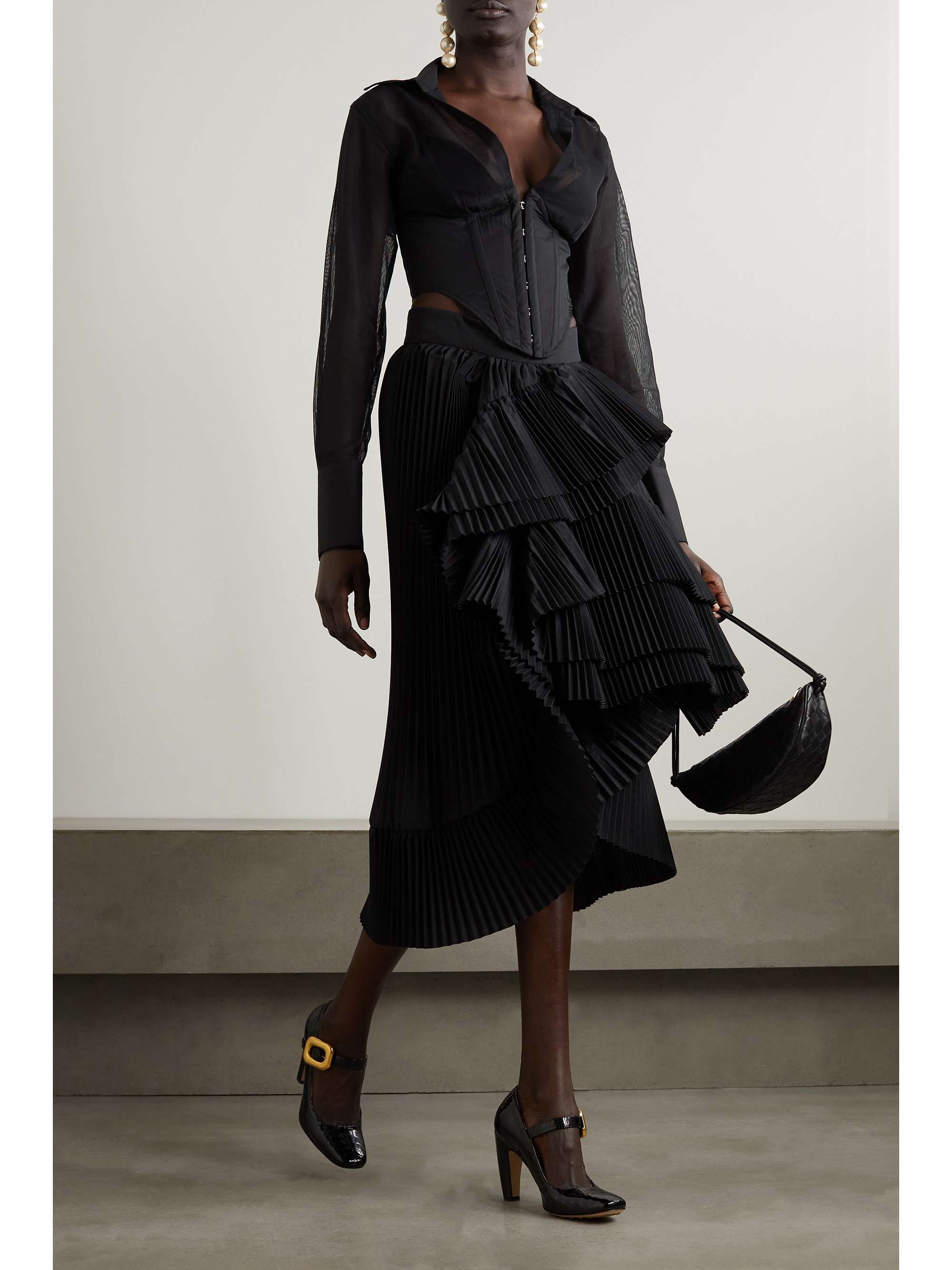 DRIES VAN NOTEN Asymmetric tiered pleated poplin midi skirt