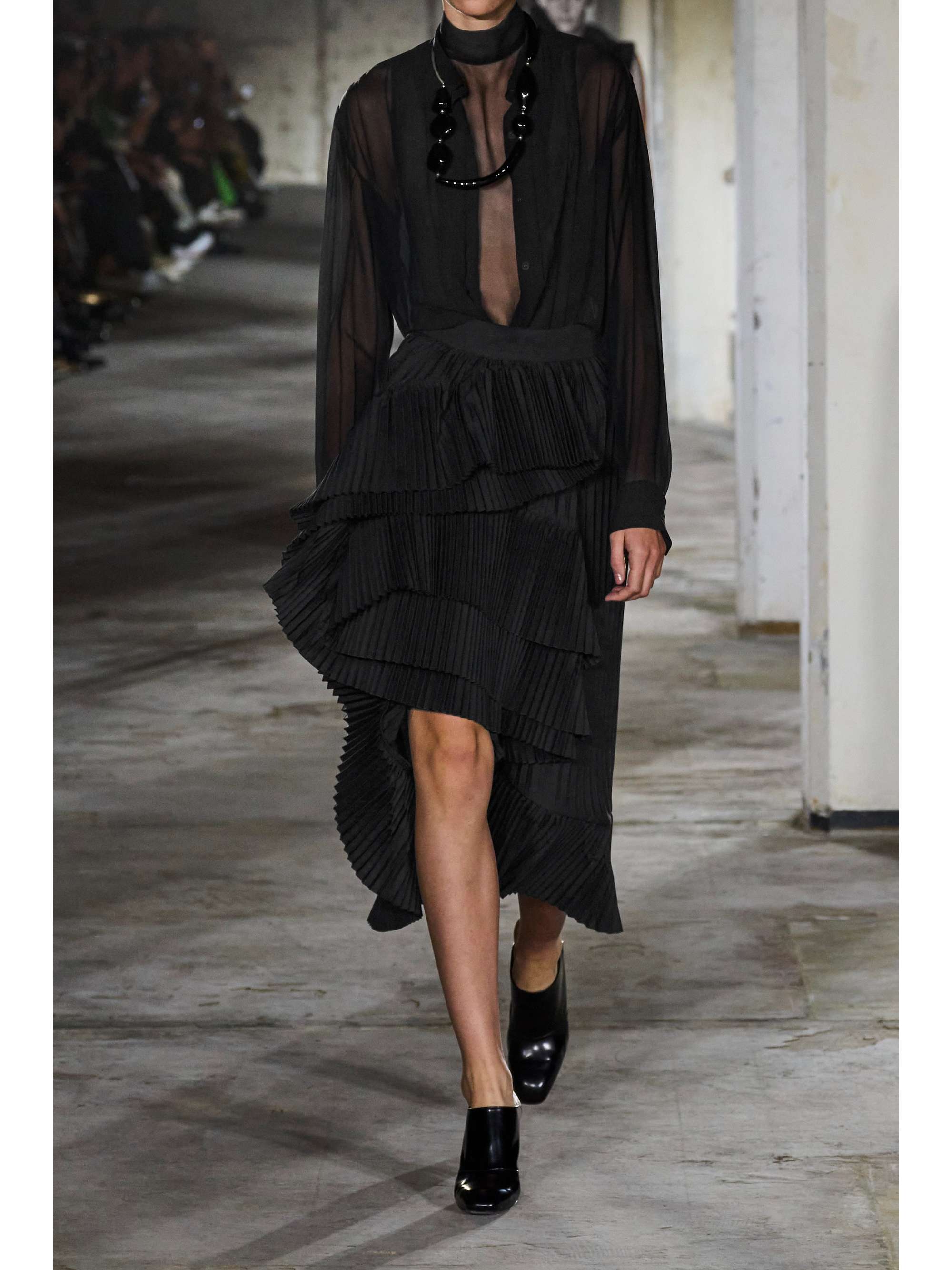 DRIES VAN NOTEN Asymmetric tiered pleated poplin midi skirt