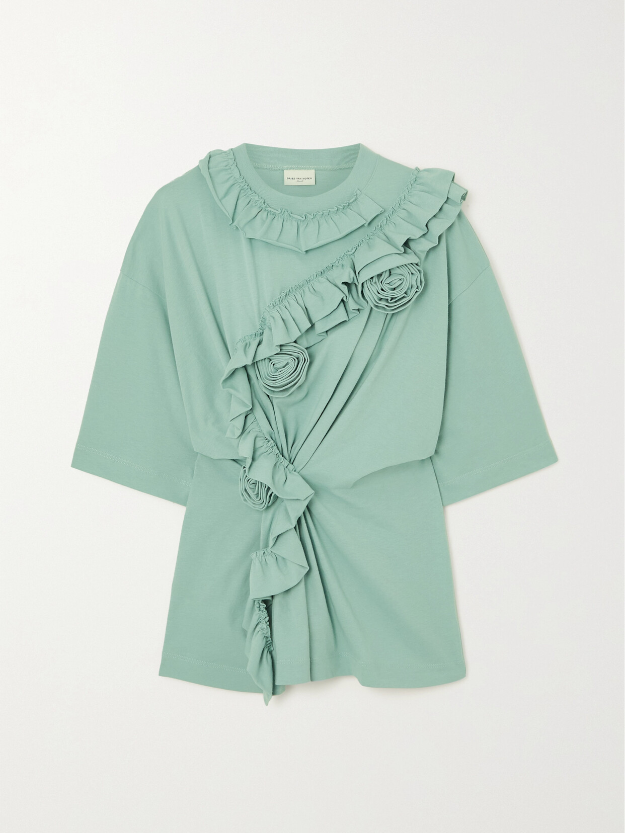 Dries Van Noten Appliquéd Ruffled Cotton-jersey T-shirt In Blue