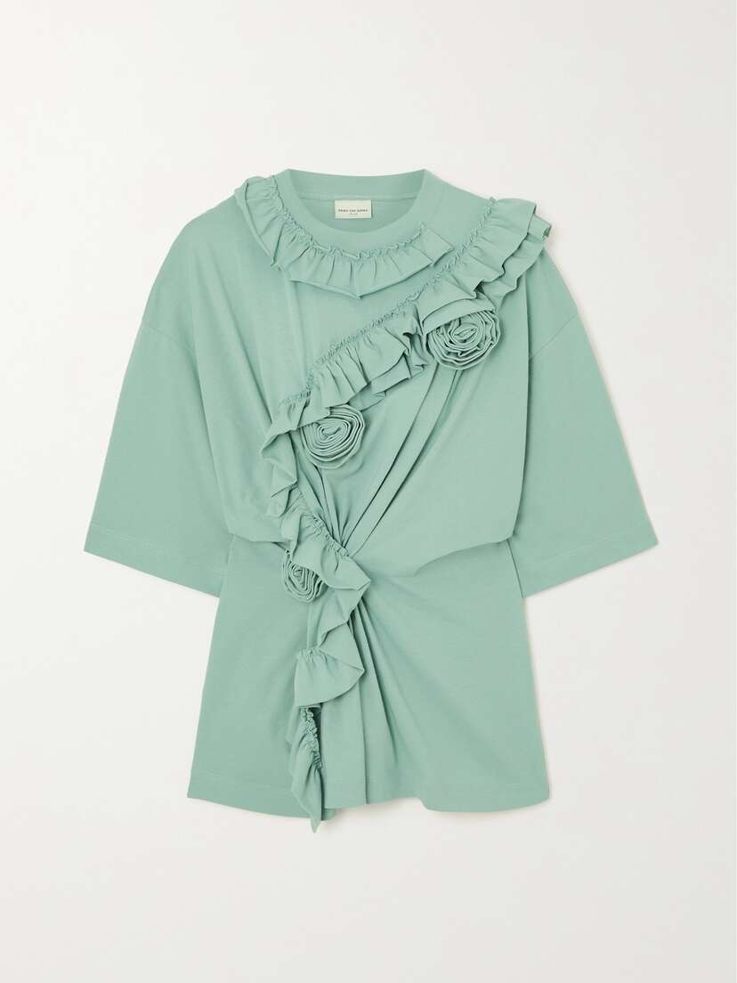 Dries Van Noten Appliquéd Ruffled Cotton-jersey T-shirt