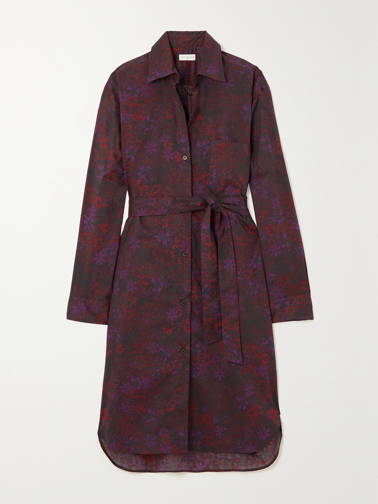 Dries Van Noten - Belted Floral-print Cotton-voile Shirt Dress - Burgundy