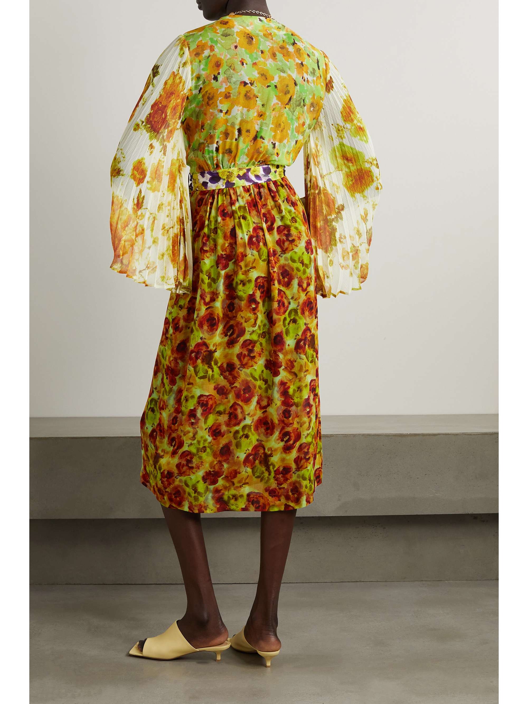 DRIES VAN NOTEN 配腰带褶裥花卉印花乔其纱中长裹身连衣裙