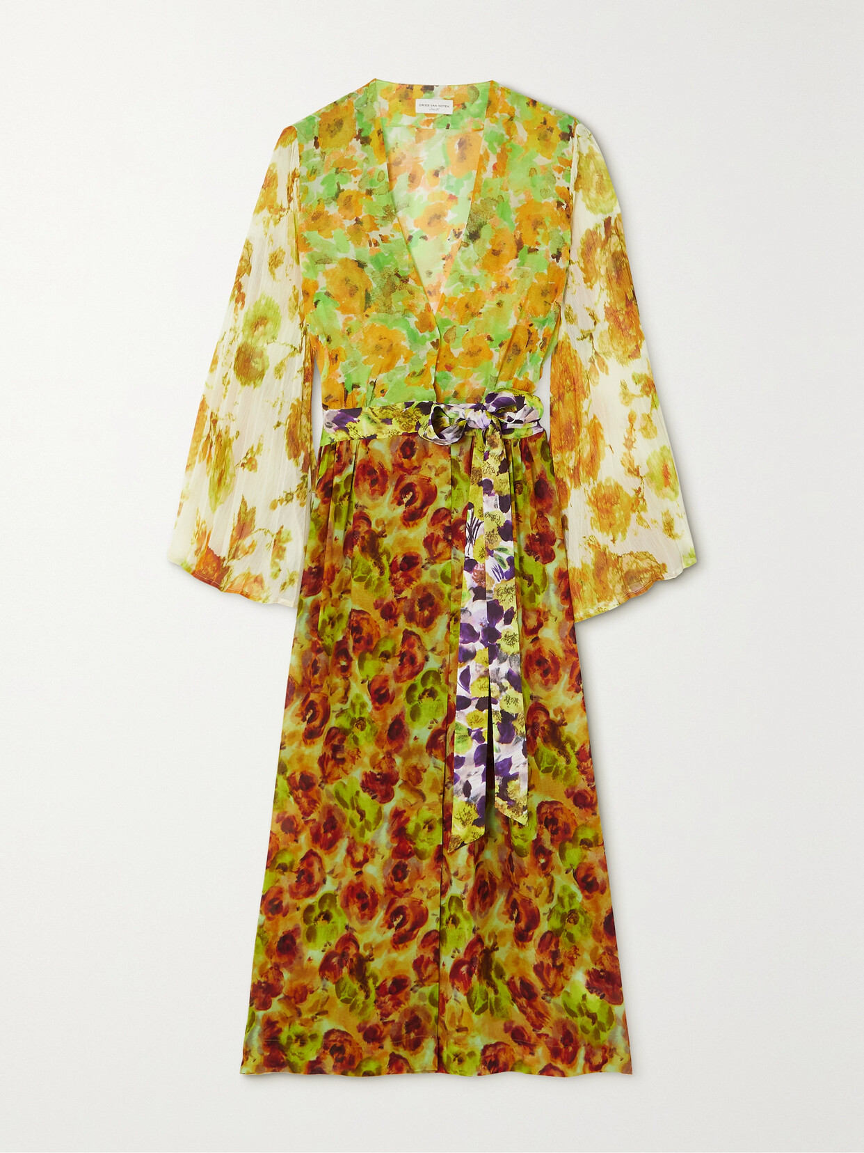 Dries Van Noten - Belted Pleated Floral-print Georgette Midi Wrap Dress - Yellow