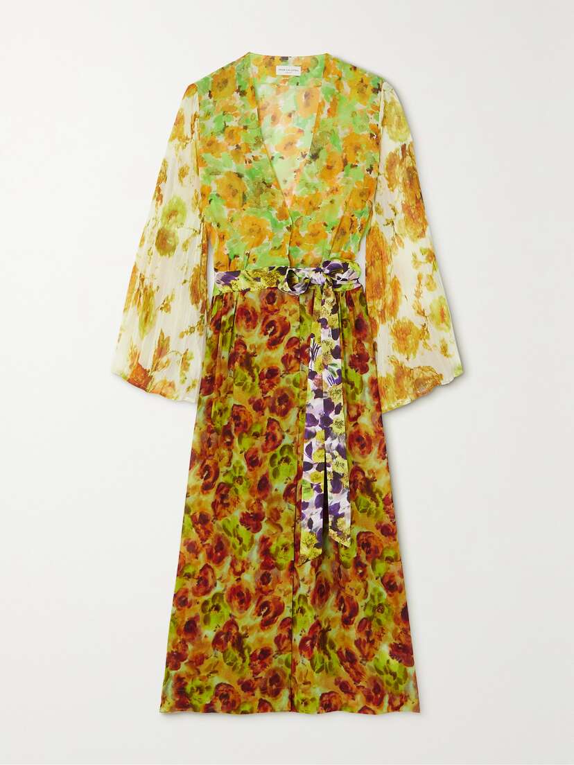 Dries Van Noten Belted Pleated Floral-print Georgette Midi Wrap Dress
