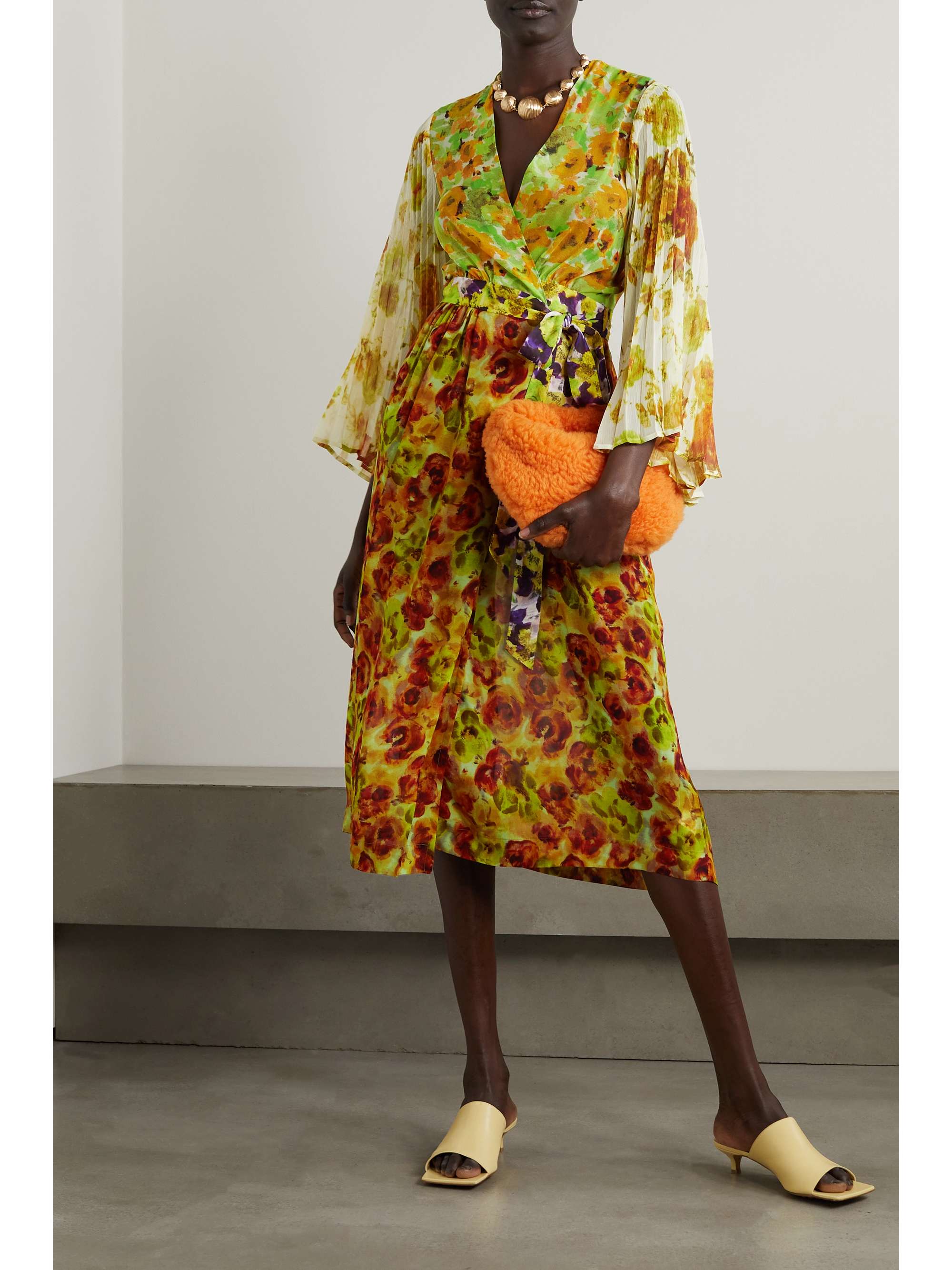 DRIES VAN NOTEN 配腰带褶裥花卉印花乔其纱中长裹身连衣裙