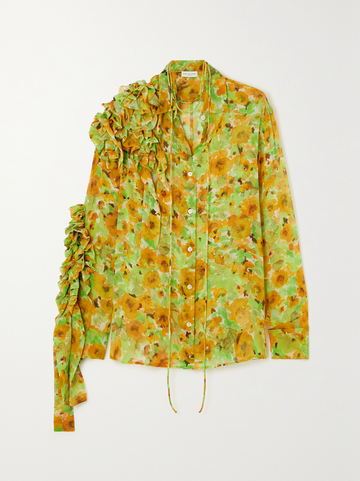 Dries Van Noten - Ruffled Floral-print Silk-chiffon Shirt - Yellow