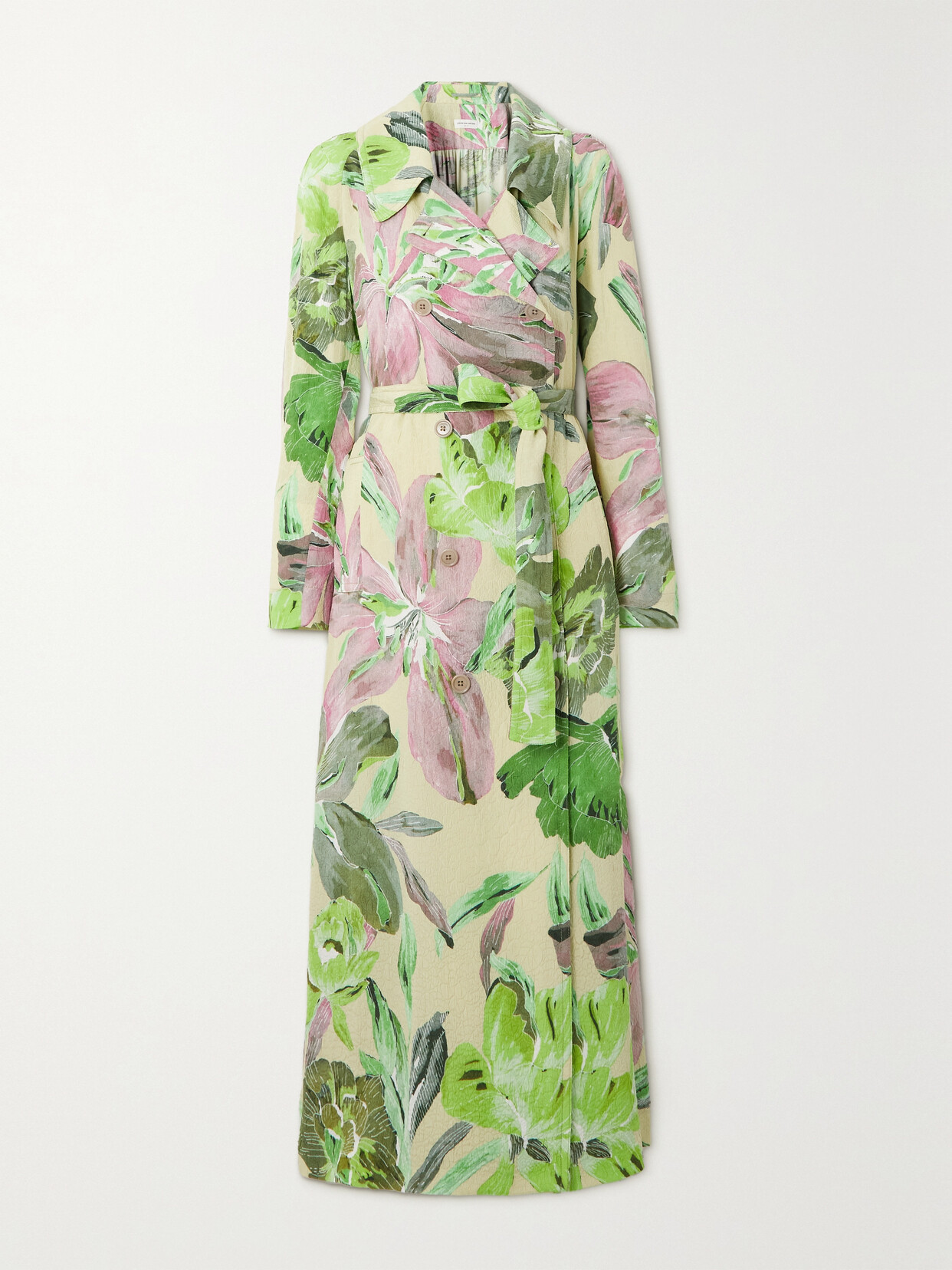 Dries Van Noten - Belted Double-breasted Floral-print Cloqué Trench Coat - Green