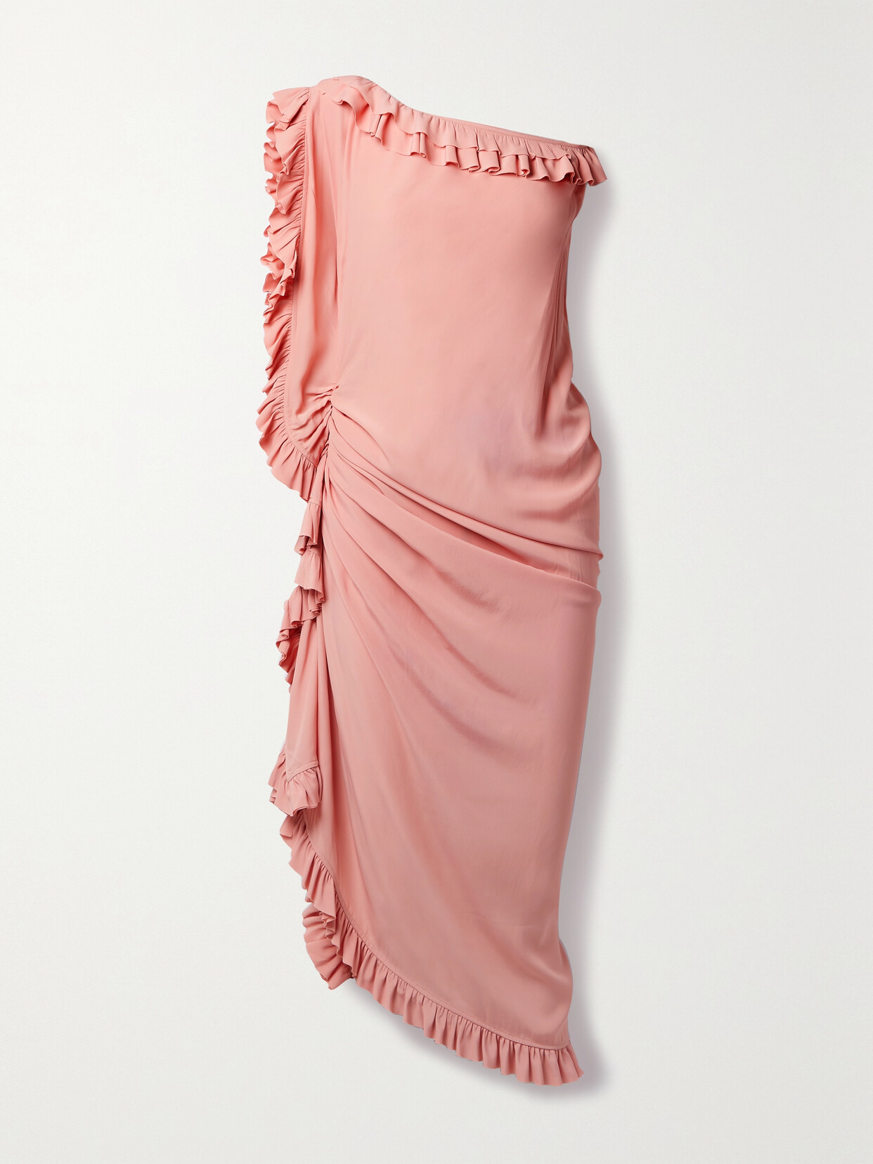 Shop Dries Van Noten One-shoulder Ruffled Crepe De Chine Midi Dress In Pink