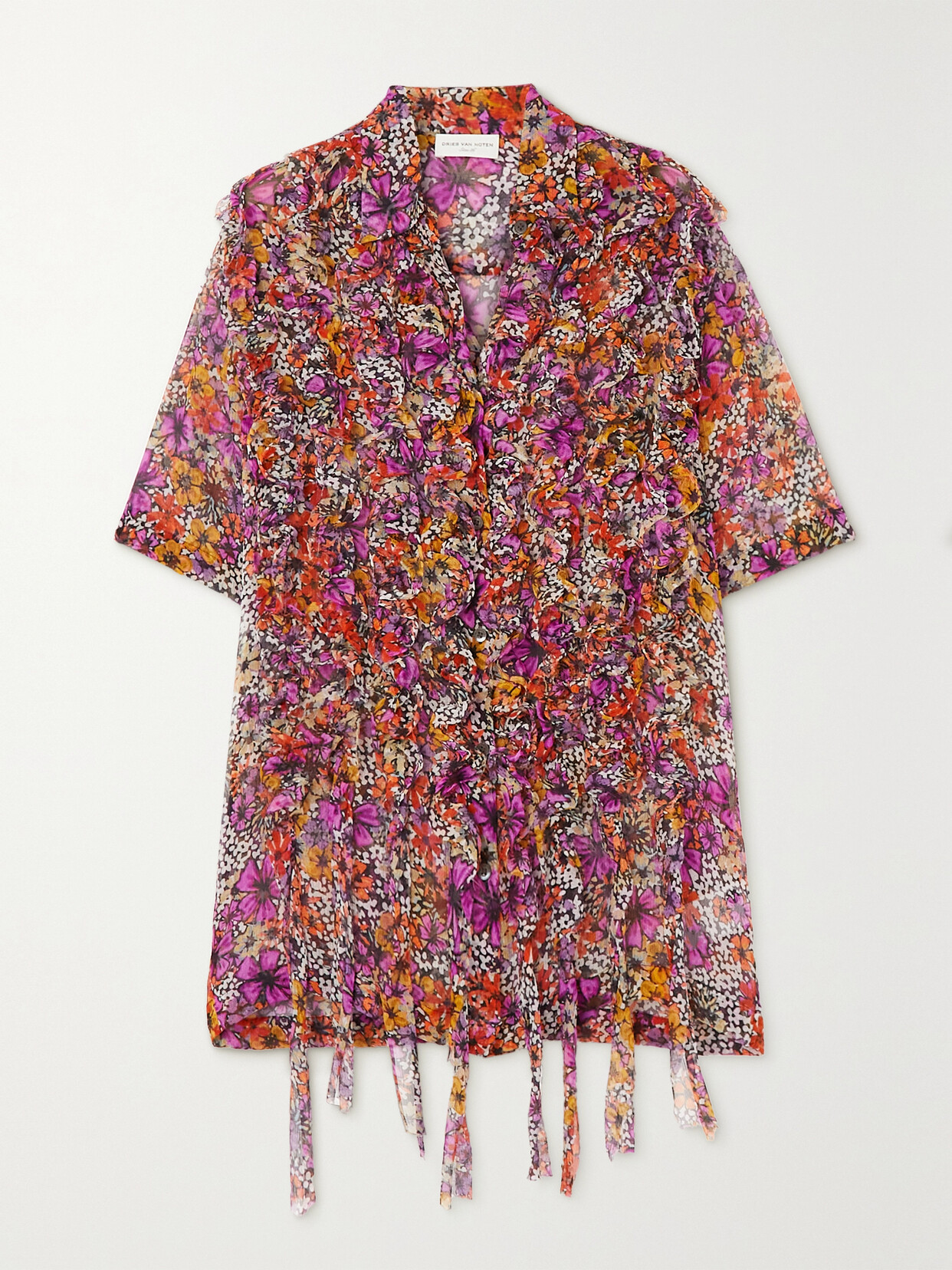 Dries Van Noten Ruffled Floral-print Silk-crepon Shirt - Purple