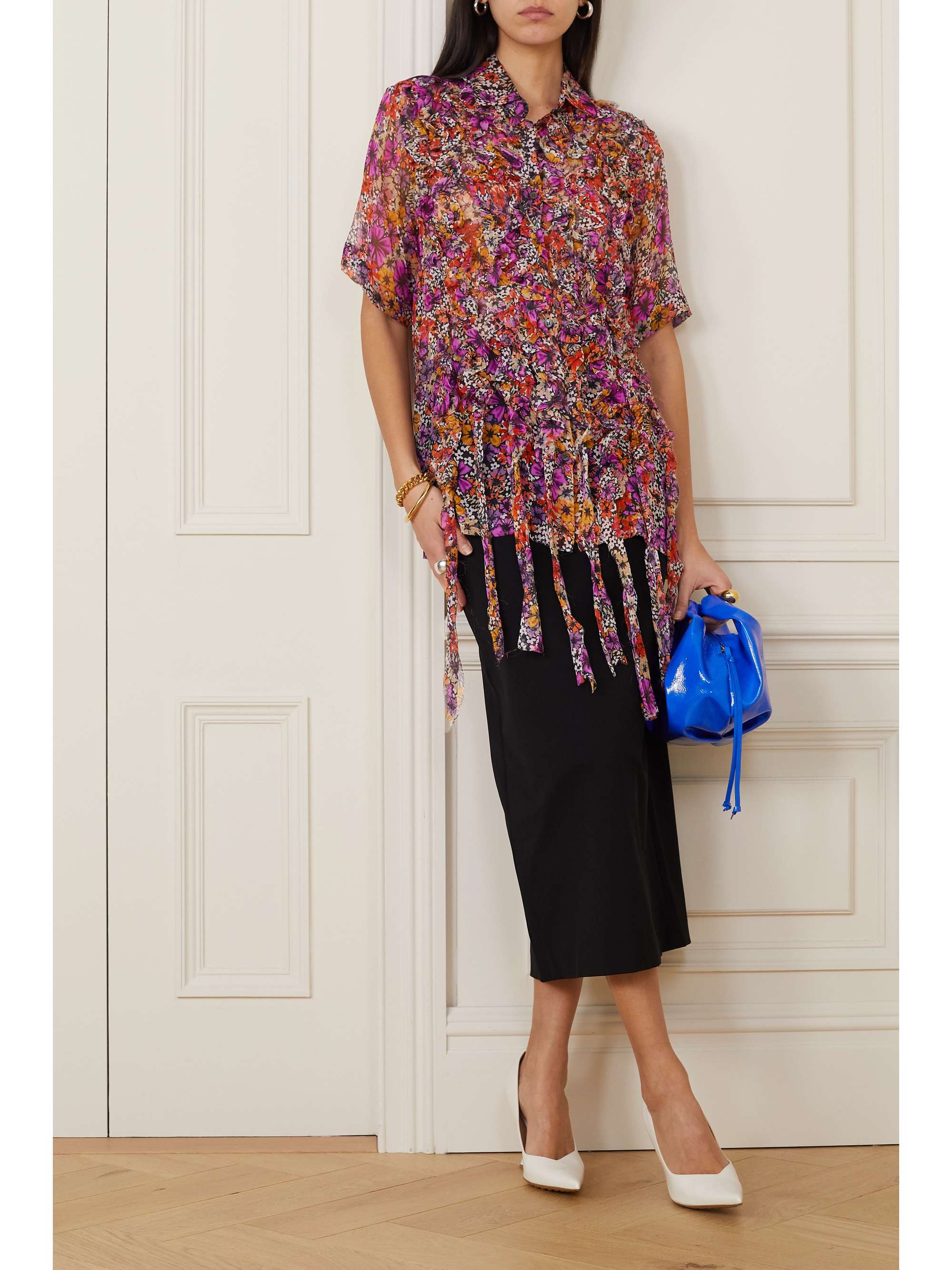 DRIES VAN NOTEN Camicia in crepon di seta con stampa floreale e ruches