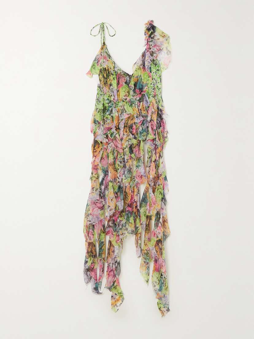 Dries Van Noten Asymmetric Ruffled Frayed Floral-print Silk-crepon Top