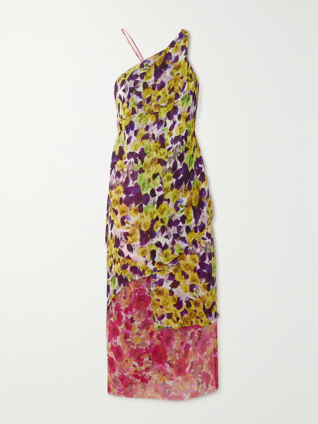 Dries Van Noten - One-shoulder Open-back Layered Floral-print Chiffon Midi Dress - Yellow