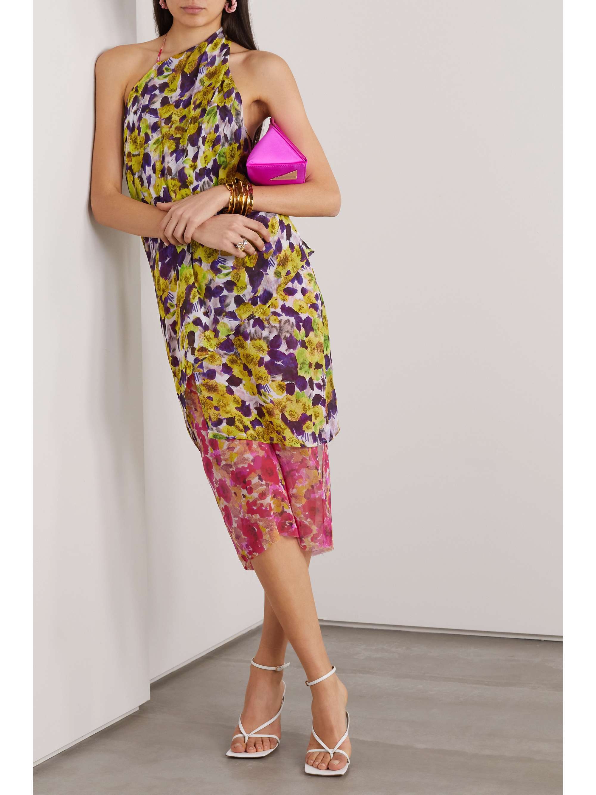 DRIES VAN NOTEN One-shoulder open-back layered floral-print chiffon midi dress