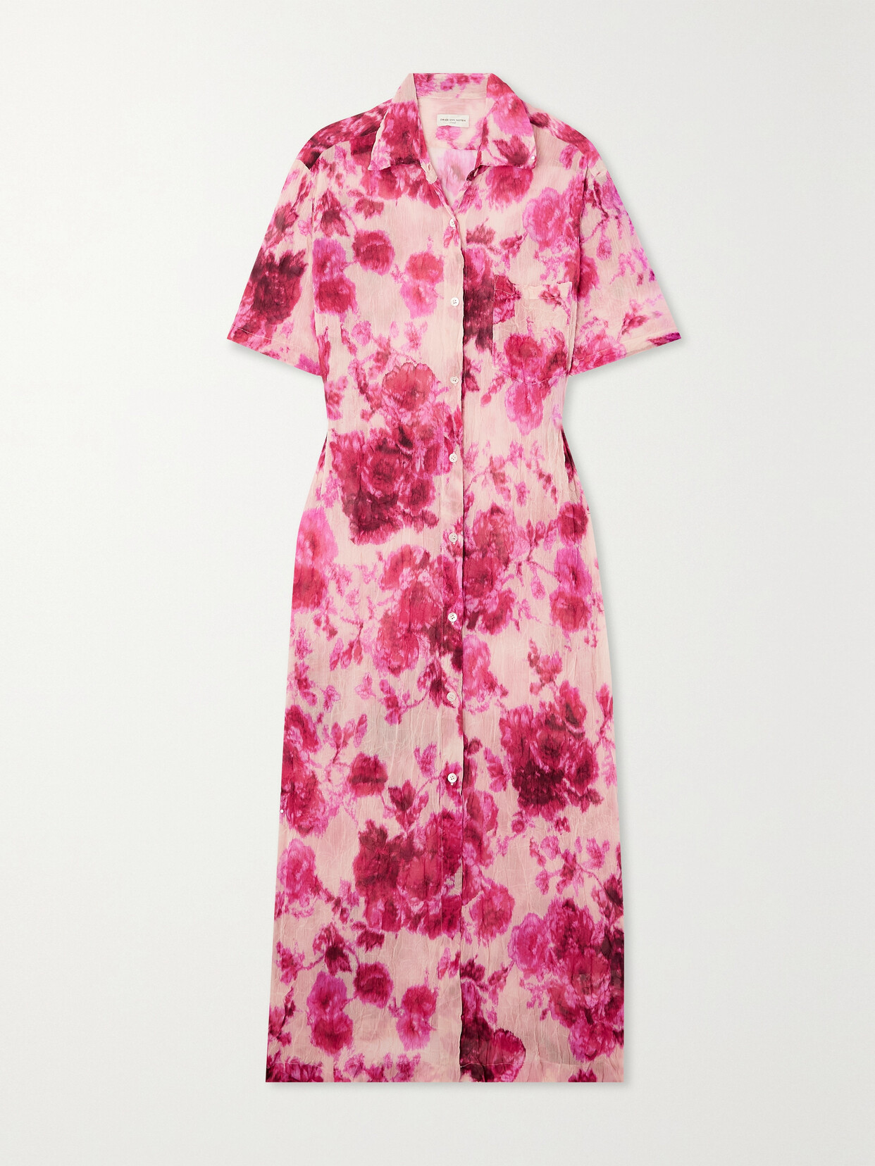 Dries Van Noten - Floral-print Crinkled-gauze Midi Shirt Dress - Pink