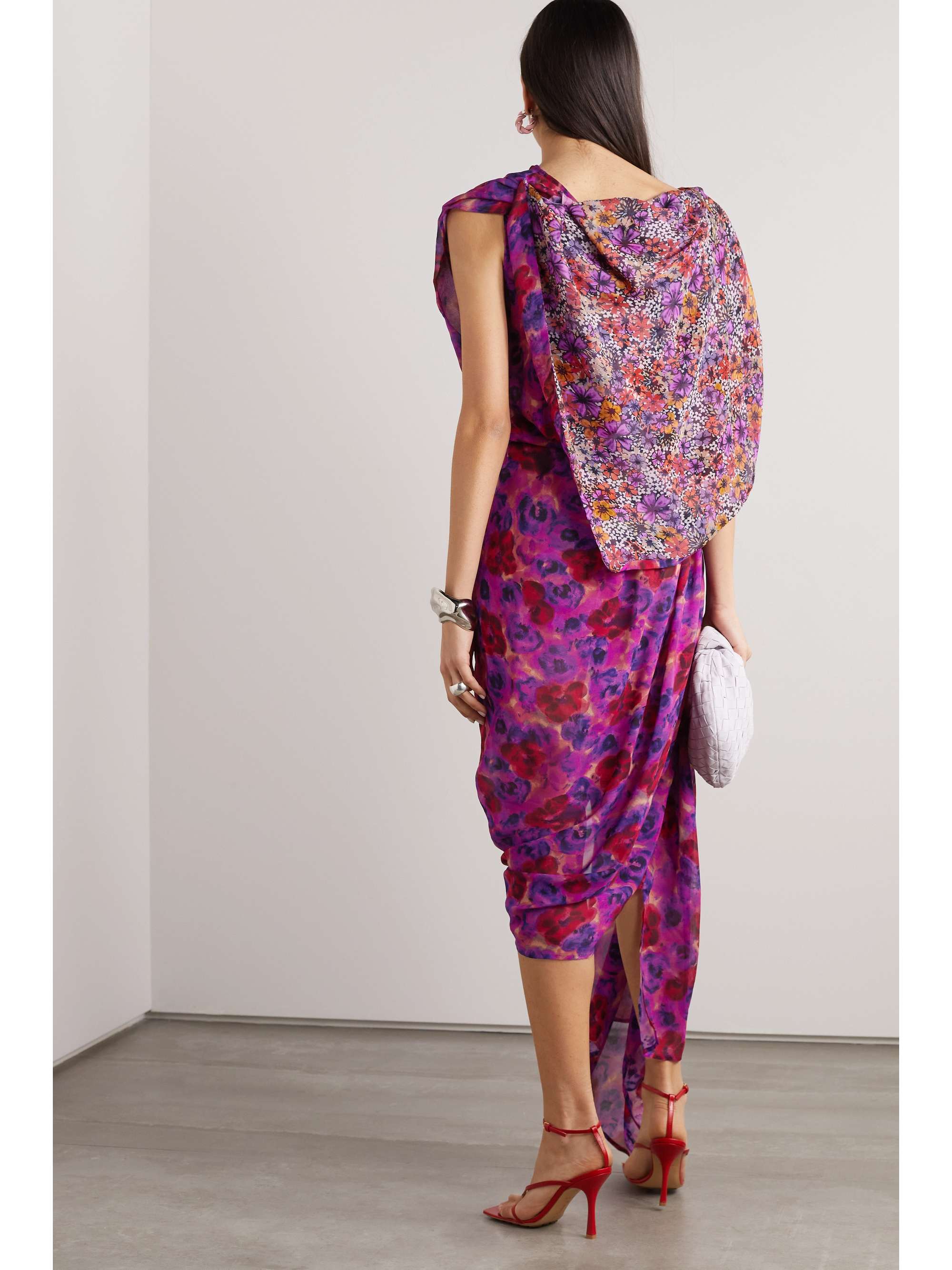 DRIES VAN NOTEN Cape-effect asymmetric draped floral-print chiffon dress