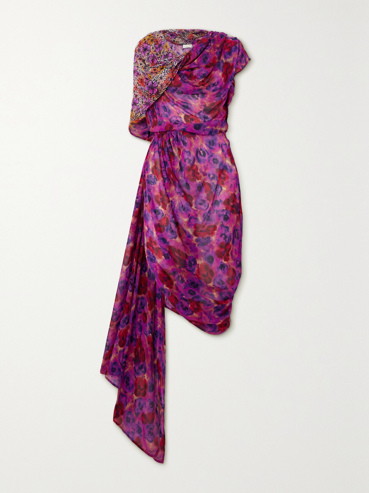 Shop Dries Van Noten Cape-effect Asymmetric Draped Floral-print Chiffon Dress In Pink