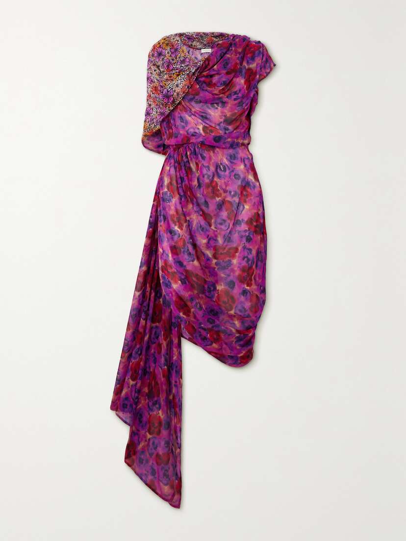 Dries Van Noten Cape-effect Asymmetric Draped Floral-print Chiffon Dress