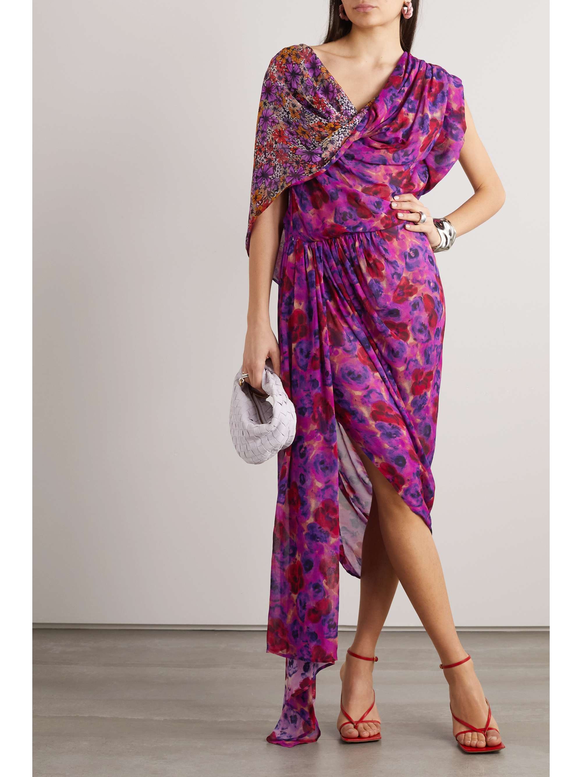 DRIES VAN NOTEN Cape-effect asymmetric draped floral-print chiffon dress