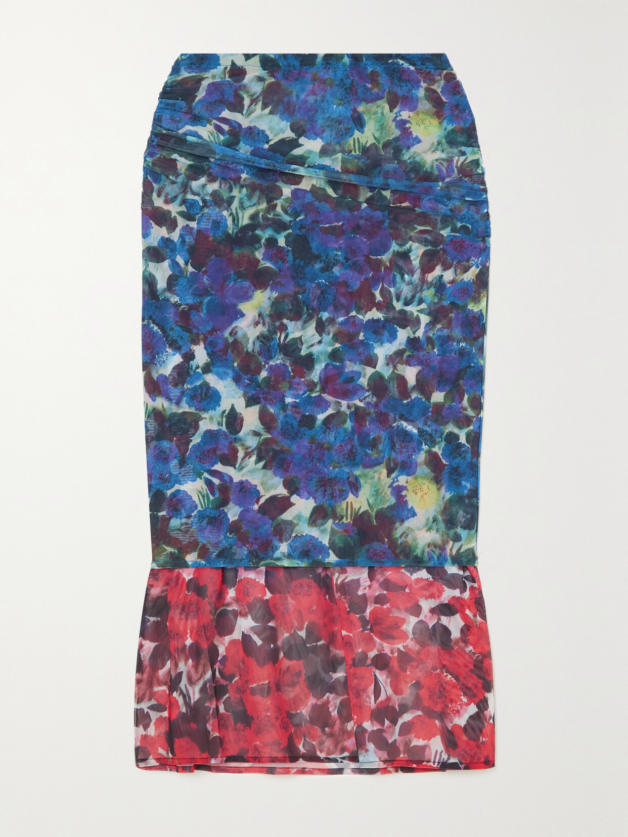 Dries Van Noten - Gathered Floral-print Stretch-mesh Midi Skirt - Blue 22 Awaiting product image