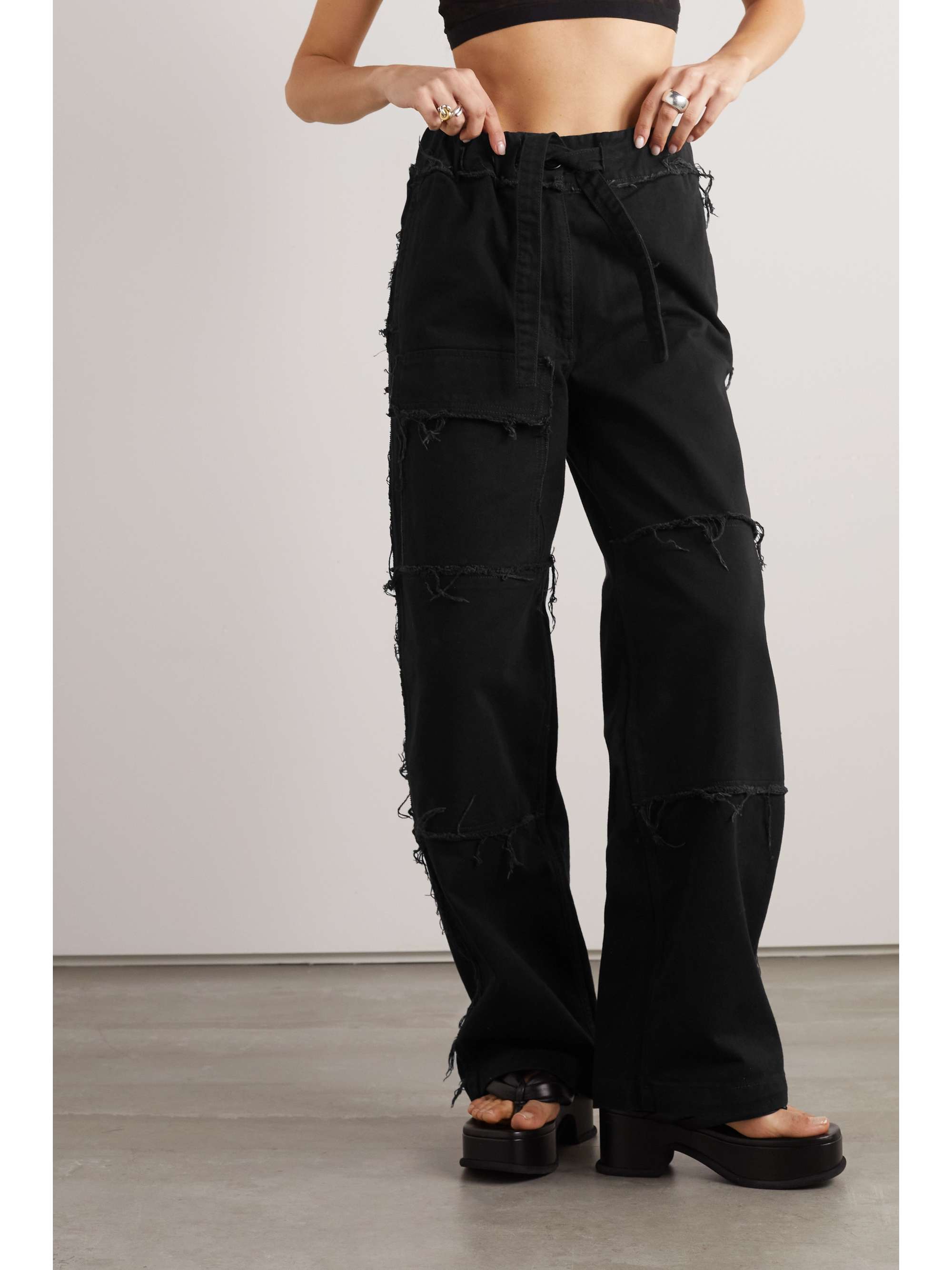 DRIES VAN NOTEN Frayed high-rise wide-leg cargo jeans