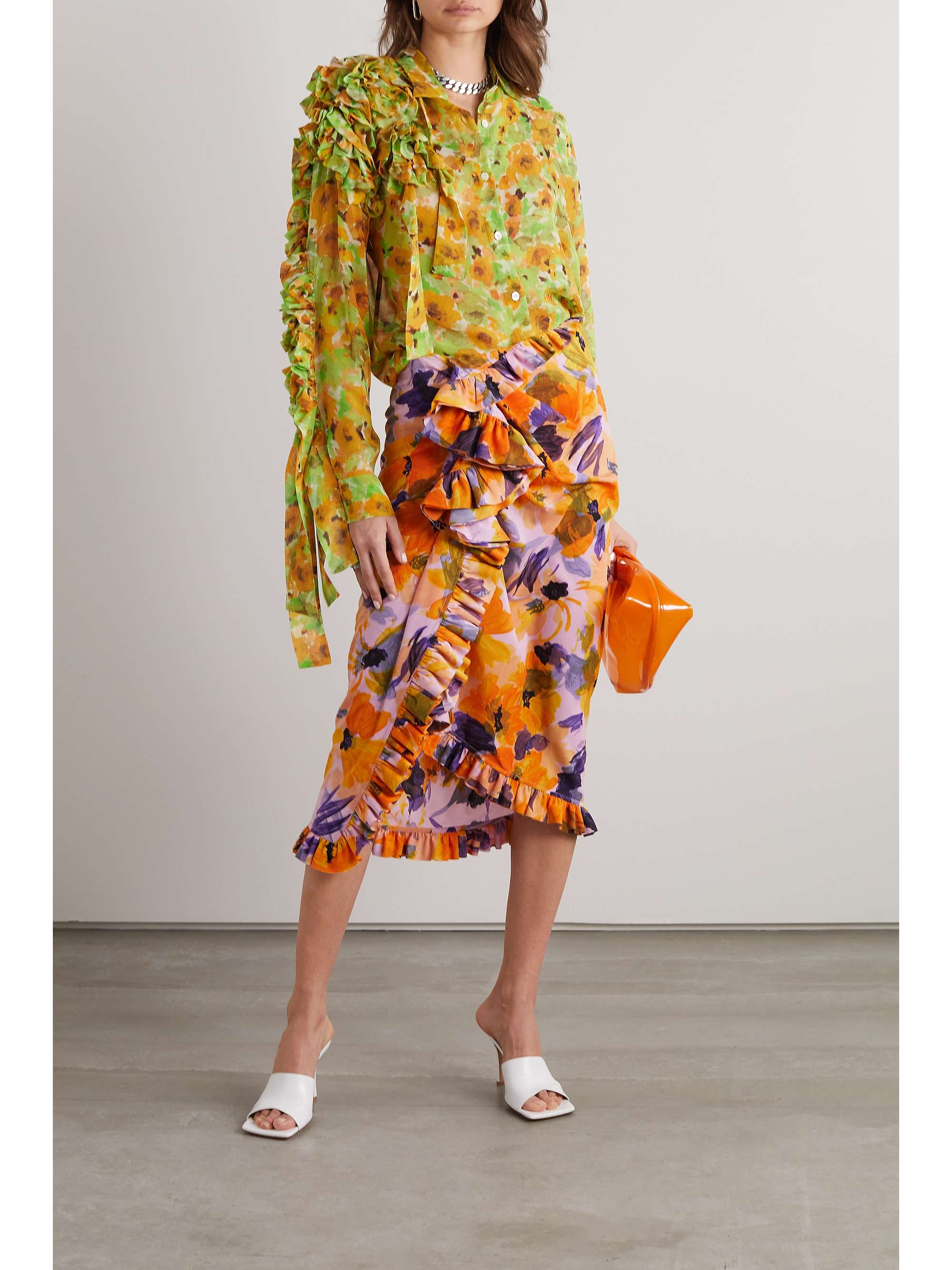 DRIES VAN NOTEN Wrap-effect ruffled floral-print crepe skirt