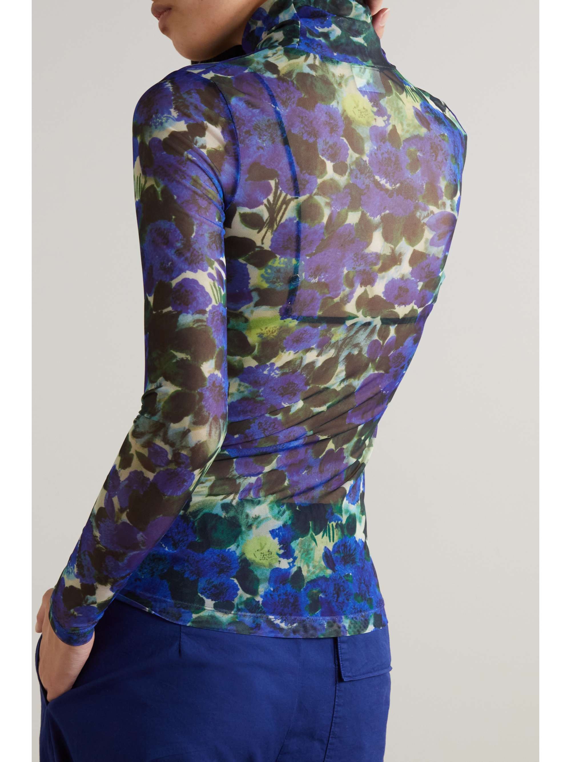 DRIES VAN NOTEN Floral-print stretch-mesh turtleneck top