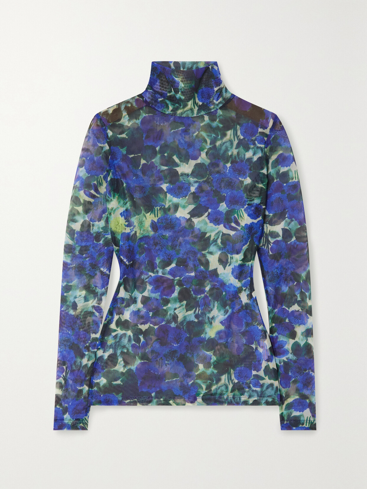 Dries Van Noten - Floral-print Stretch-mesh Turtleneck Top - Blue