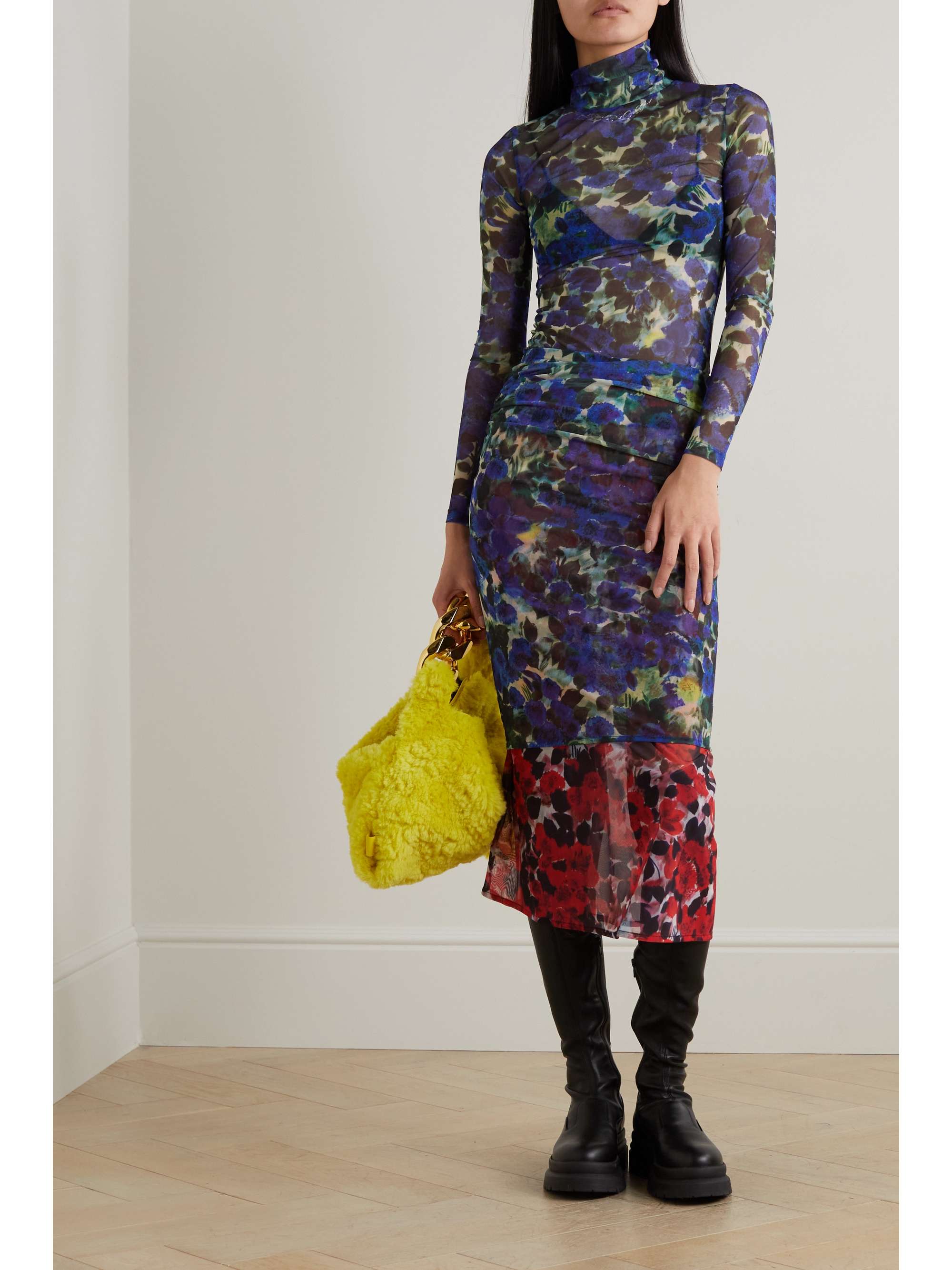 DRIES VAN NOTEN Floral-print stretch-mesh turtleneck top