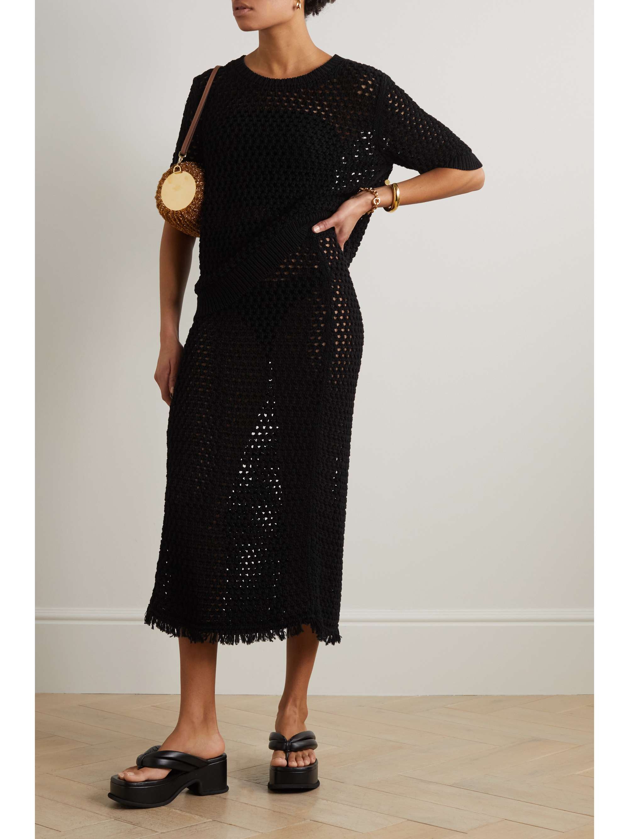 DRIES VAN NOTEN Fringed crocheted cotton midi skirt
