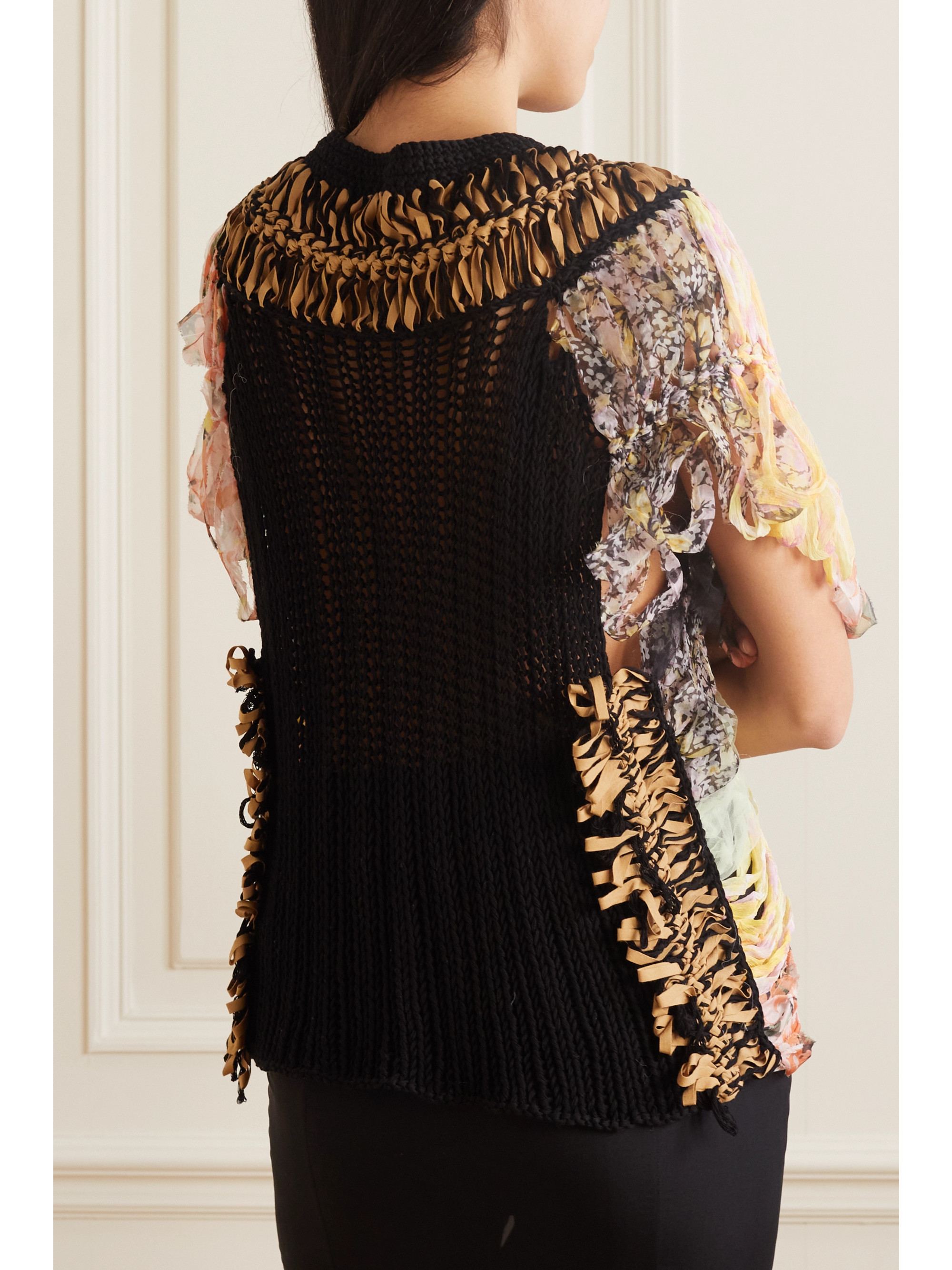 dries van noten silk knit シルク　半袖　ニット Dries Van Noten - Crochet-knit and printed silk-blend chiffon top