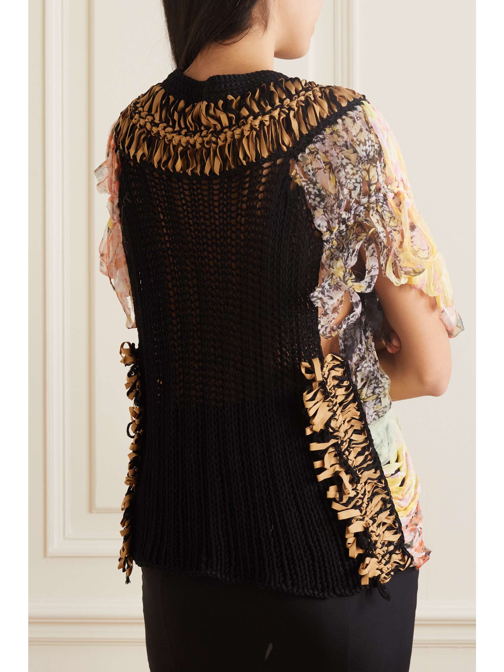 DRIES VAN NOTEN Crochet-knit and printed silk-blend chiffon top