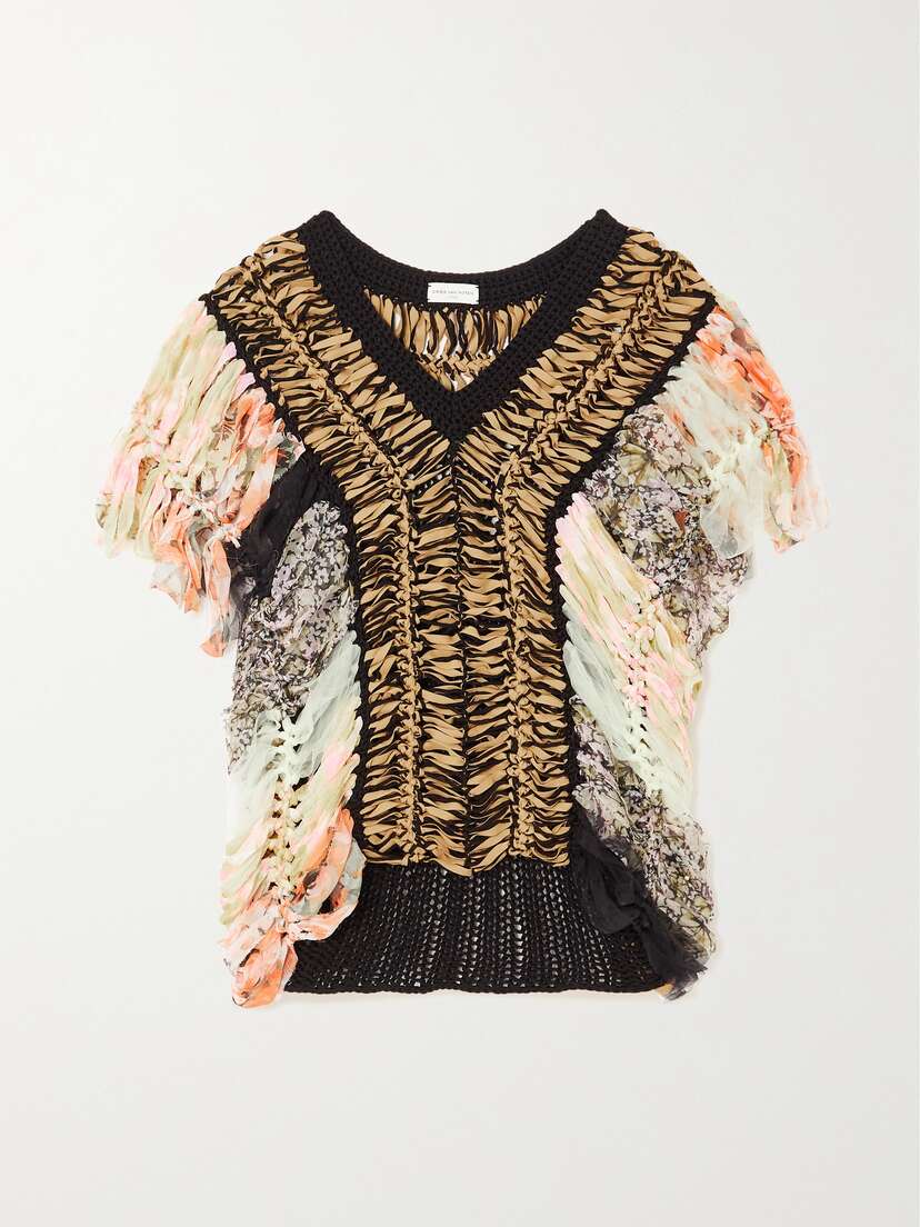 Dries Van Noten Crochet-knit And Printed Silk-blend Chiffon Top