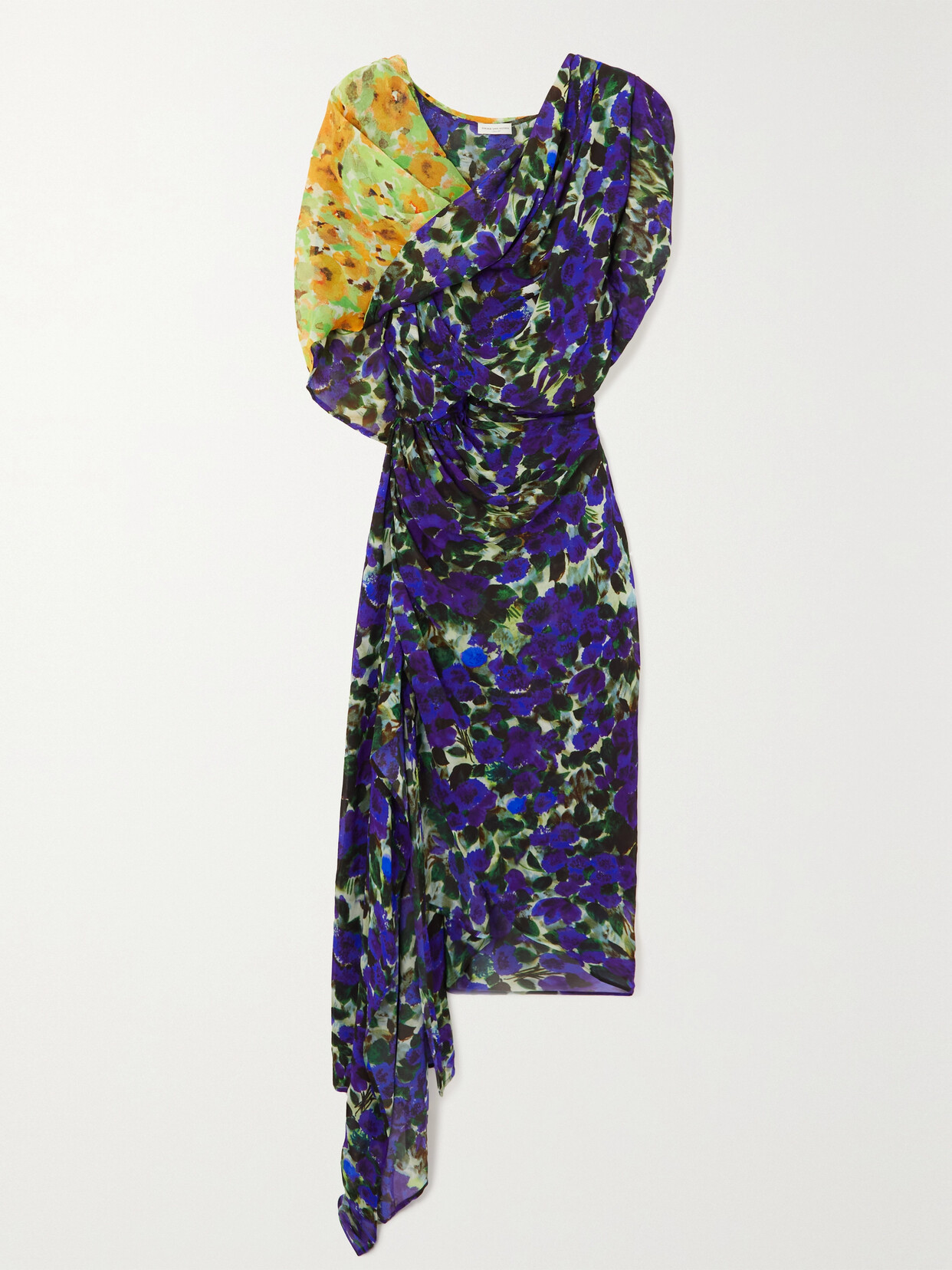 Dries Van Noten Asymmetric Draped Floral-print Chiffon Dress - Blue